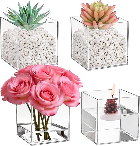 Kingrol Paquete de 4 jarrones de acrílico transparente para flores, jarrón resistente a la rotura para decoración de centros de mesa de fiesta de