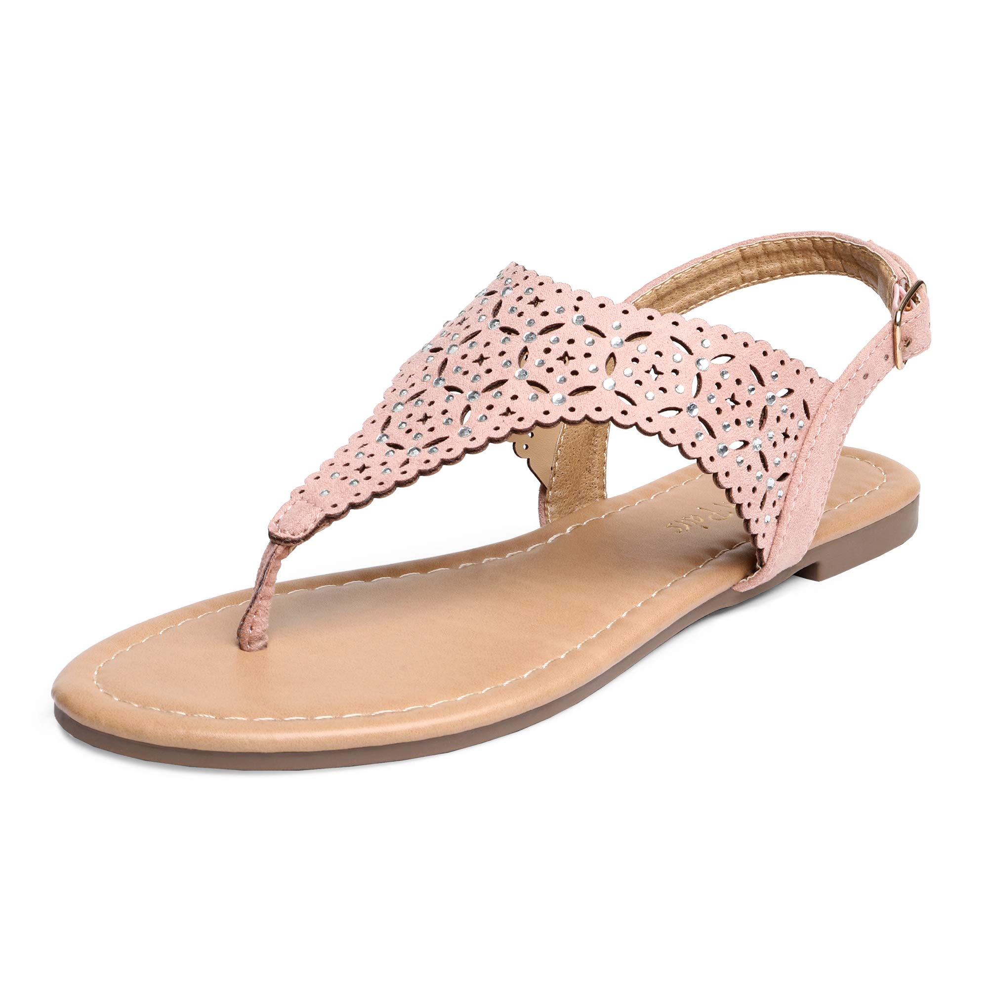 DREAM PAIRS Women's Rhinestone Casual Wear Cute Gladiator Flat Sandals Beach Dressy T-Strap Thong Sandals
