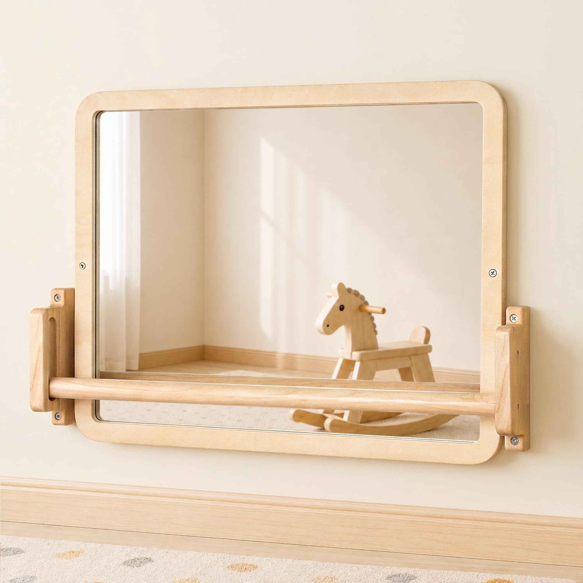 Brezlio Montessori Specchio con Asta – Specchio per bambini regolabile in altezza in legno per erigere e imparare a correre, specchio da parete sicuro con asta anti rotazione per bambini 6 – 18 mesi