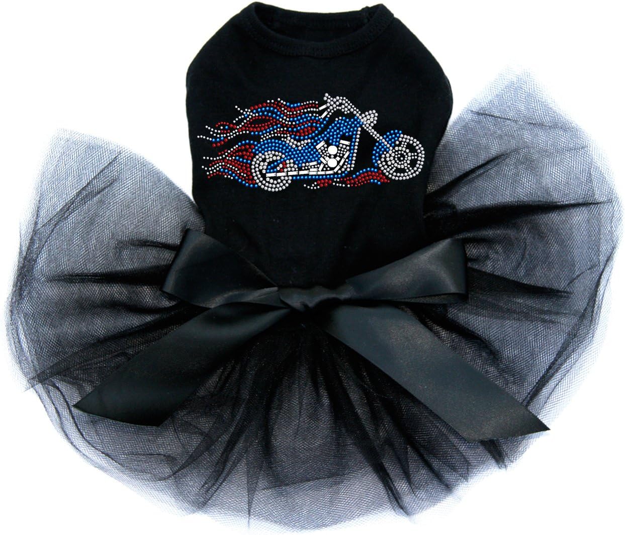 Motorcycle - Large Red, White, & Blue with Flames - Bling Rhinestone Patriotic Dog Tutu Dress, 4XL Black