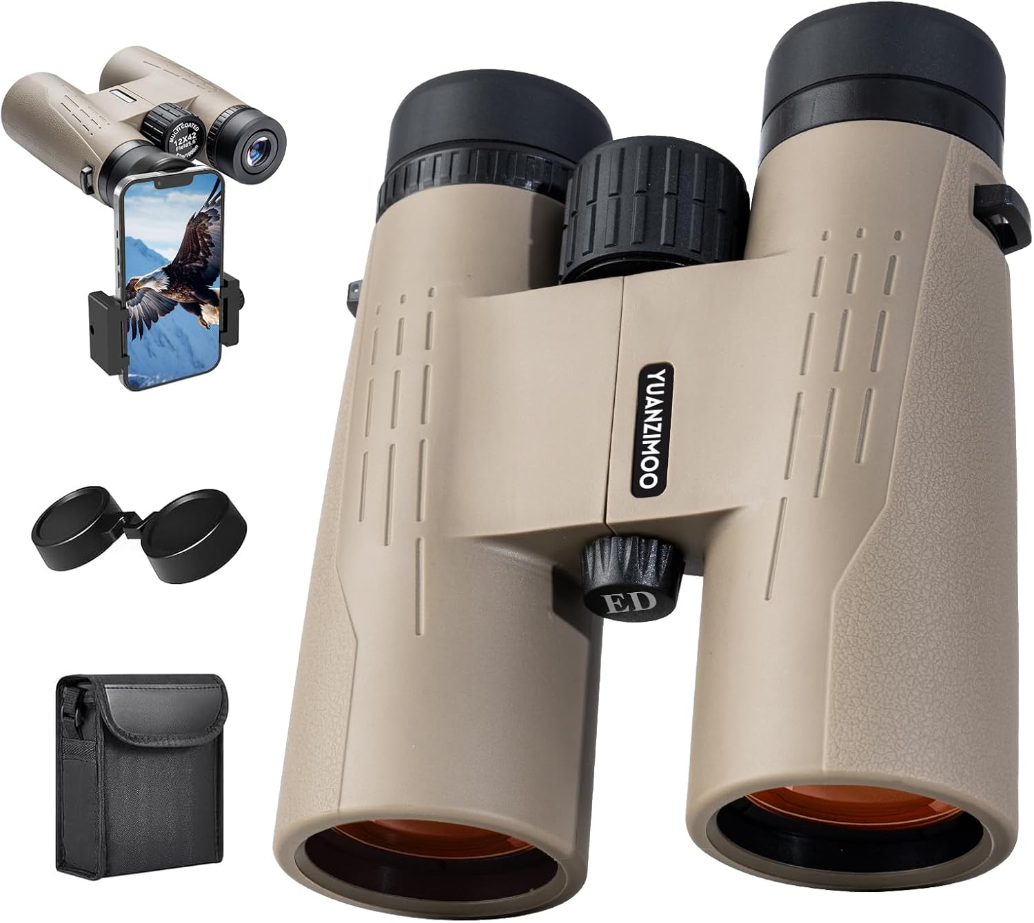 12x42 HD Binoculars for Adults High Powered Binoculars with Upgraded Phone Adapter Waterproof Compact Binocular with Low Light Night Vision for Bird Watching Hunting Outdoor Sports Concerts Mud