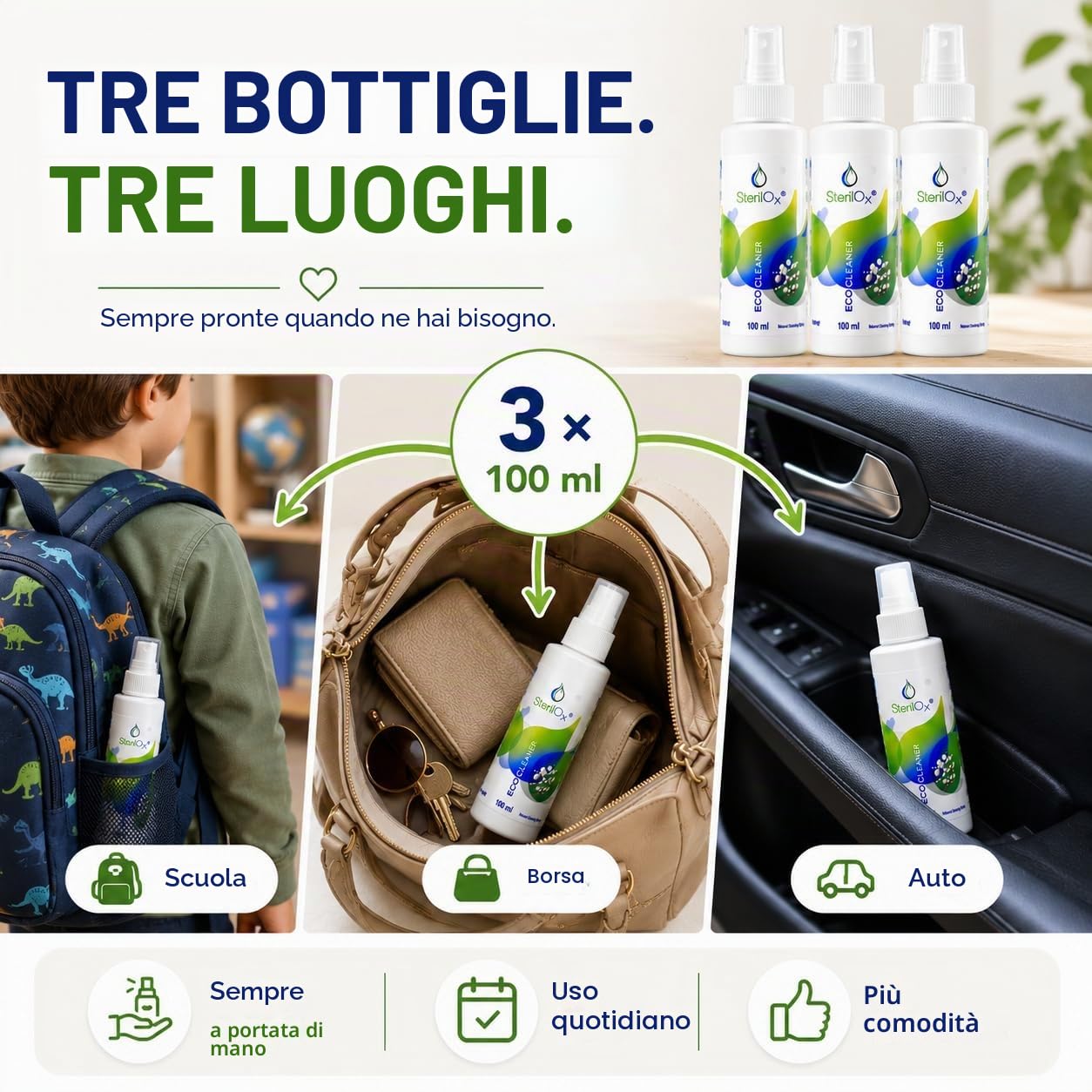 Spray 3 x 100 ml - Confezione cosmetica con acido ipocloroso | per mani, pelle e oggetti personali, sicuro per bambini e animali domestici, senza alcool e profumo
