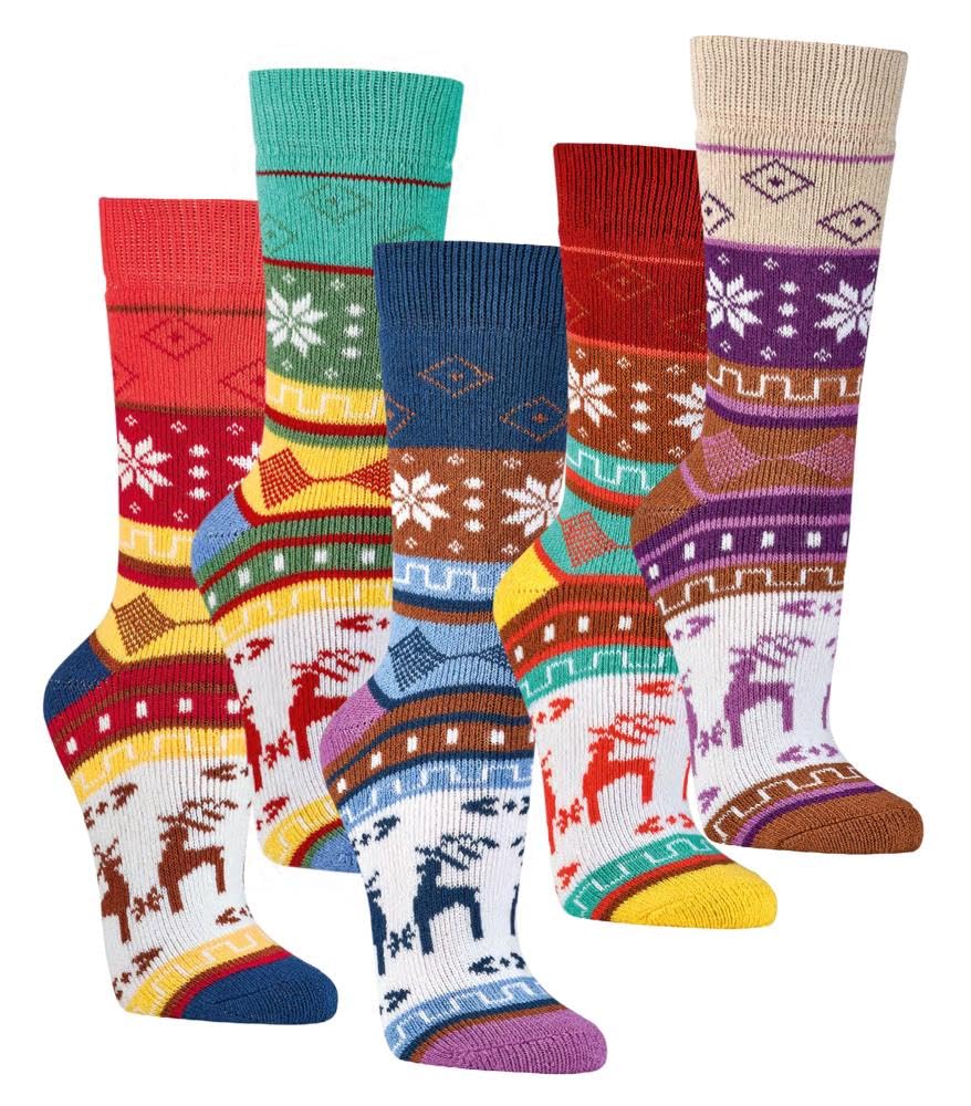 Leo Design Norwegian Cotton Socks for Women, 2 Pairs Winter Thermal Socks, Vintage Nordic Cotton Crew Soft Winter Hygge Socks (6-8, Scandi Mix2)
