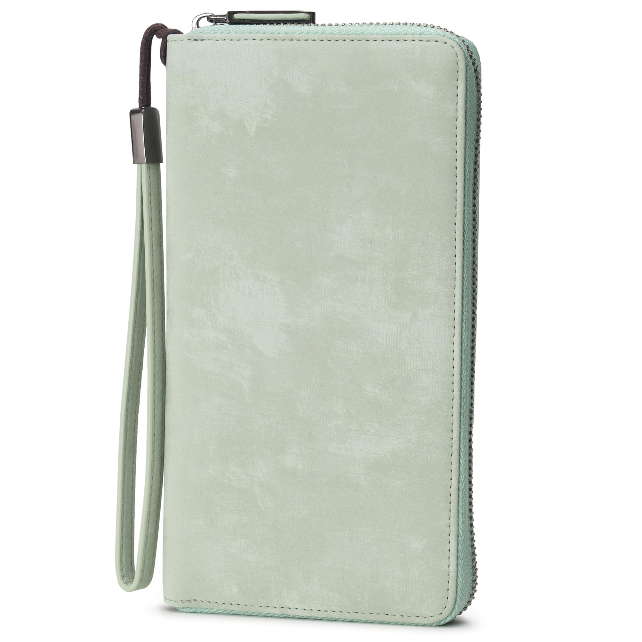 Women RFID Blocking Wallet Leather Zip Around Phone Clutch Large Capacity Ladies Travel Purse Wristlet, Sage Green, Large, Retro-modern Clutch-image-32