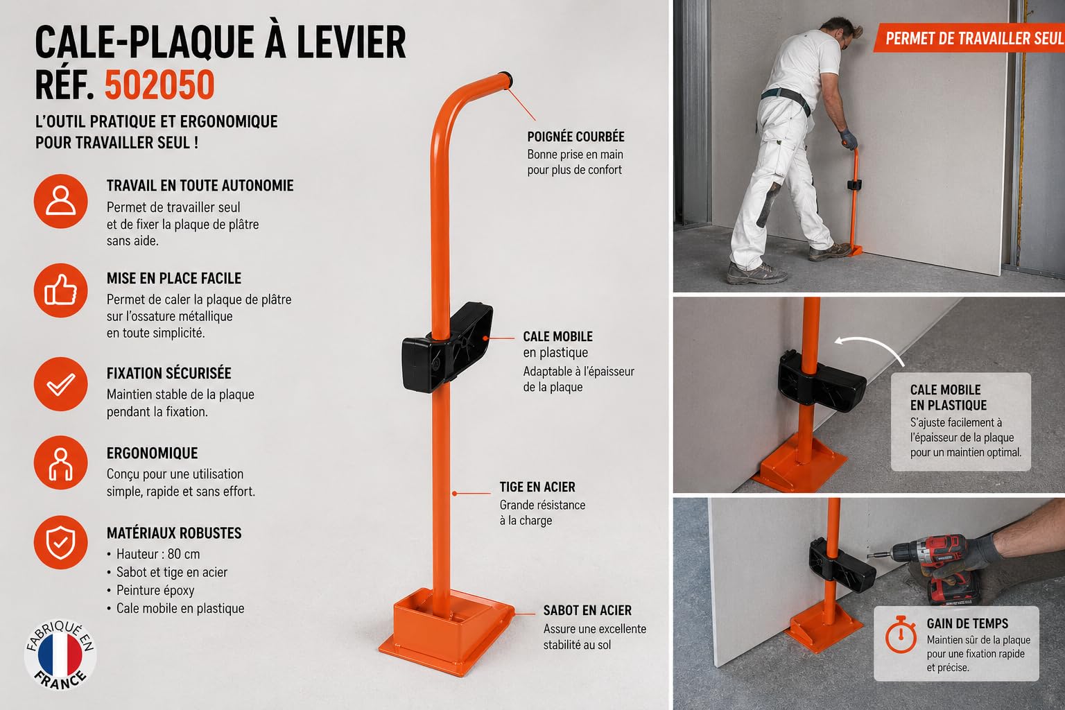 MONDELIN - Cale plaque placo professionnel à pied | Porte plaque de plâtre à levier en acier - Hauteur 80 cm