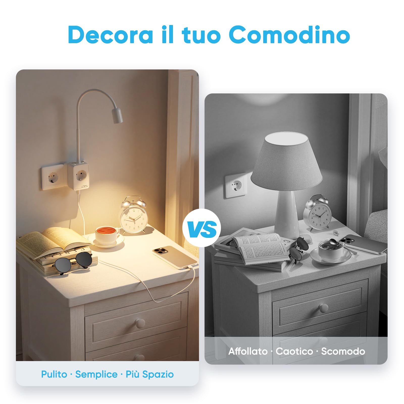 Lampada da Applique da Comodino Camera da Letto Bianche, 2 Pack Lampade da Lettura a Parete Faretto LED con Spina e Presa Elettrica, Due Interruttori Touch, 3 Colore Illuminazione