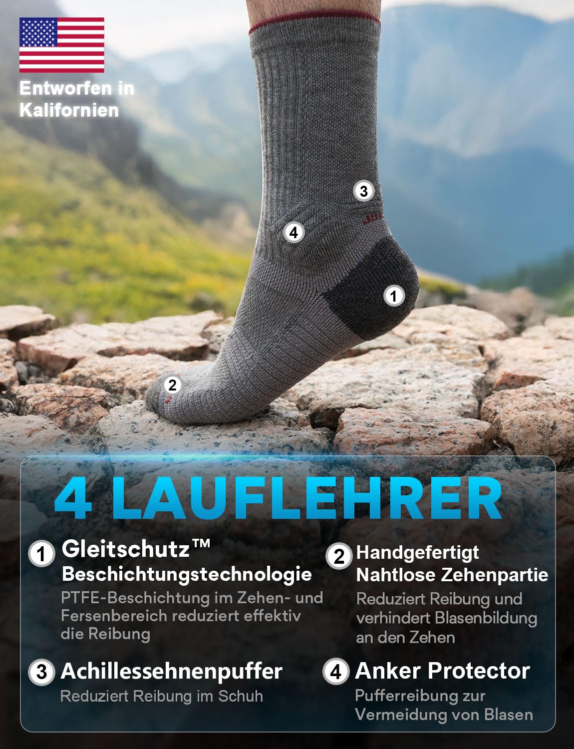 Juclise Merinowolle Wandersocken Herren Kompression Anti Blasen Gepolstert Wollsocken Anti-Schweiß Atmungsaktiv Trekkingsocken (DE/NL/SE/PL, Numerisch, 47, 51, Anthrazit*1 + Onyx*2)