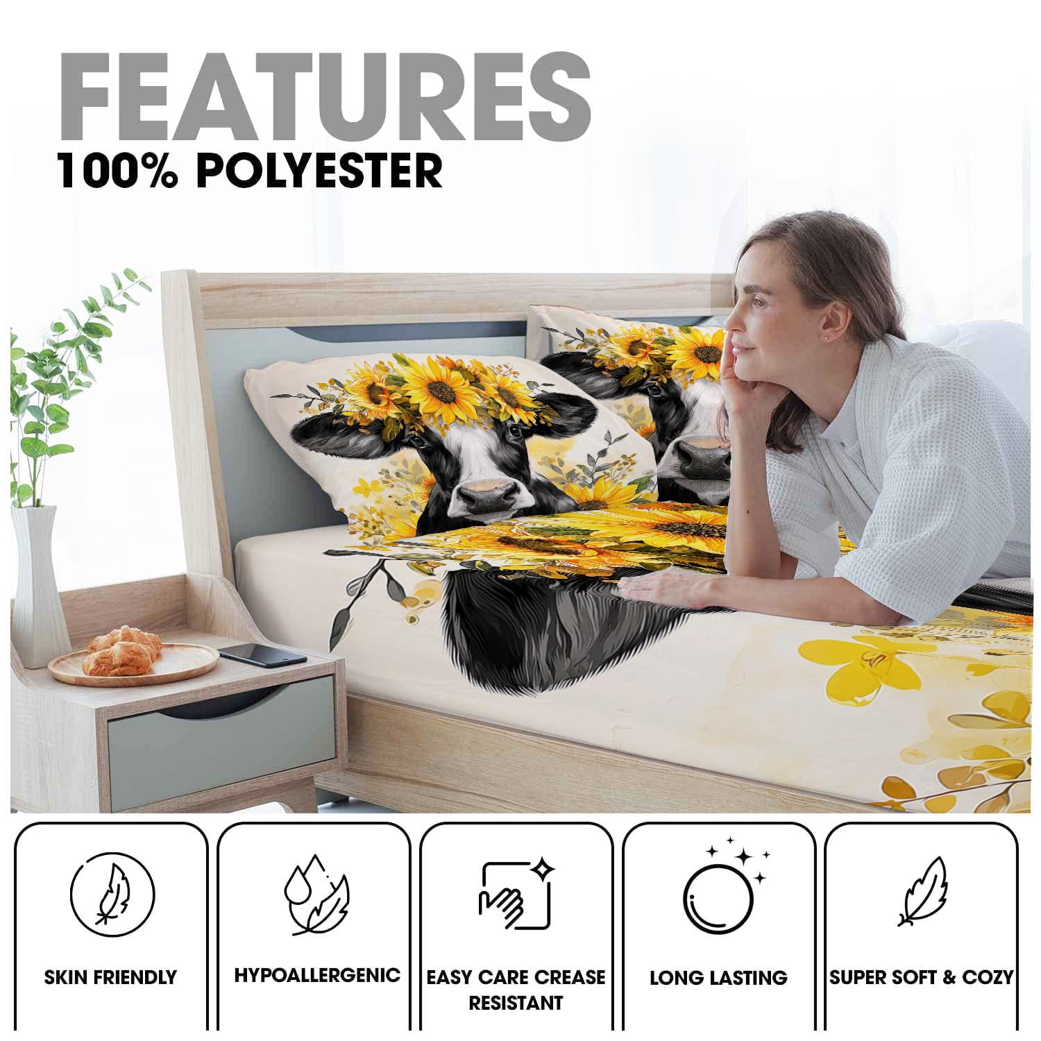 Juego De Sábanas Bajeras De Pintura Al Óleo Vaca, 200X190/200Cm Amarillo Claro, Microfibra Para Niños Niñas Adolescentes, Sábana Bajera Ajustable Elástica Suave, Estampado Girasoles Estilo Campestre