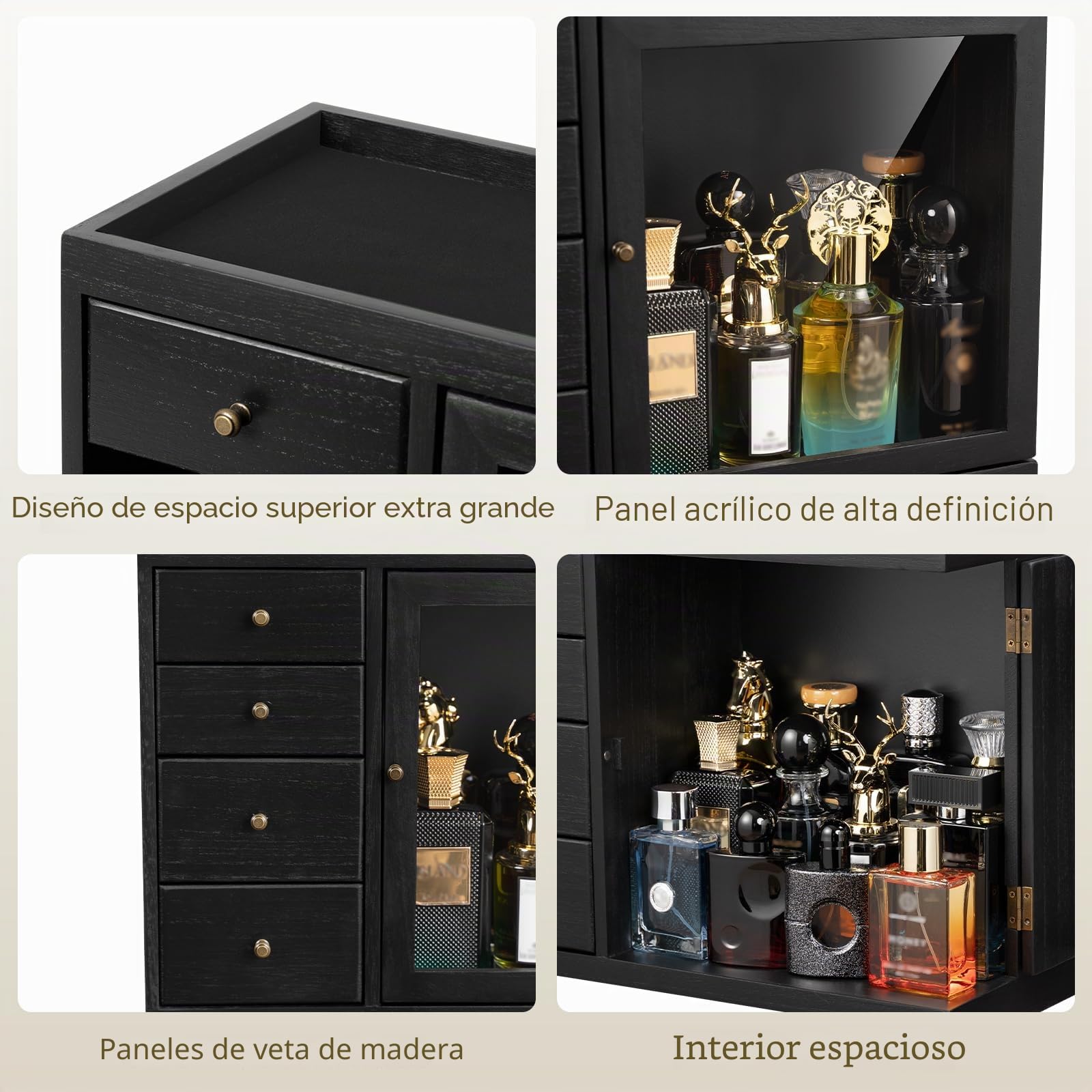 Organizador de perfume, soporte de perfume de madera para hombre con cajón, estante para perfume con tapa transparente visible, caja de almacenamiento premium para fragancias, cosméticos y