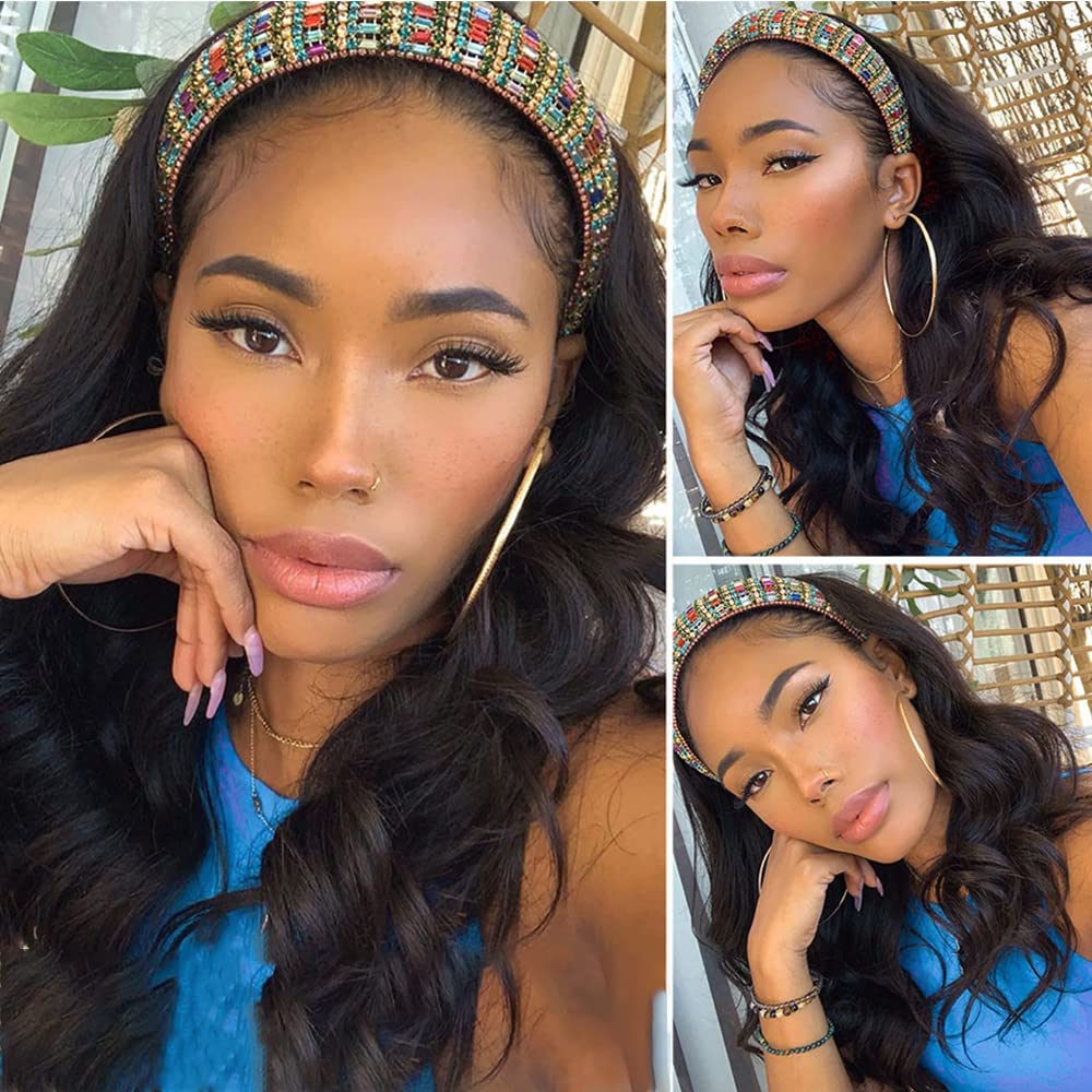 higher Body Wave Headband Human Hair Wig 12 Inch Glueless None Lace Front Wig Brazilian Virgin Hair Wear and Go Wigs for Black Women 150% Density Wigs Natural Color