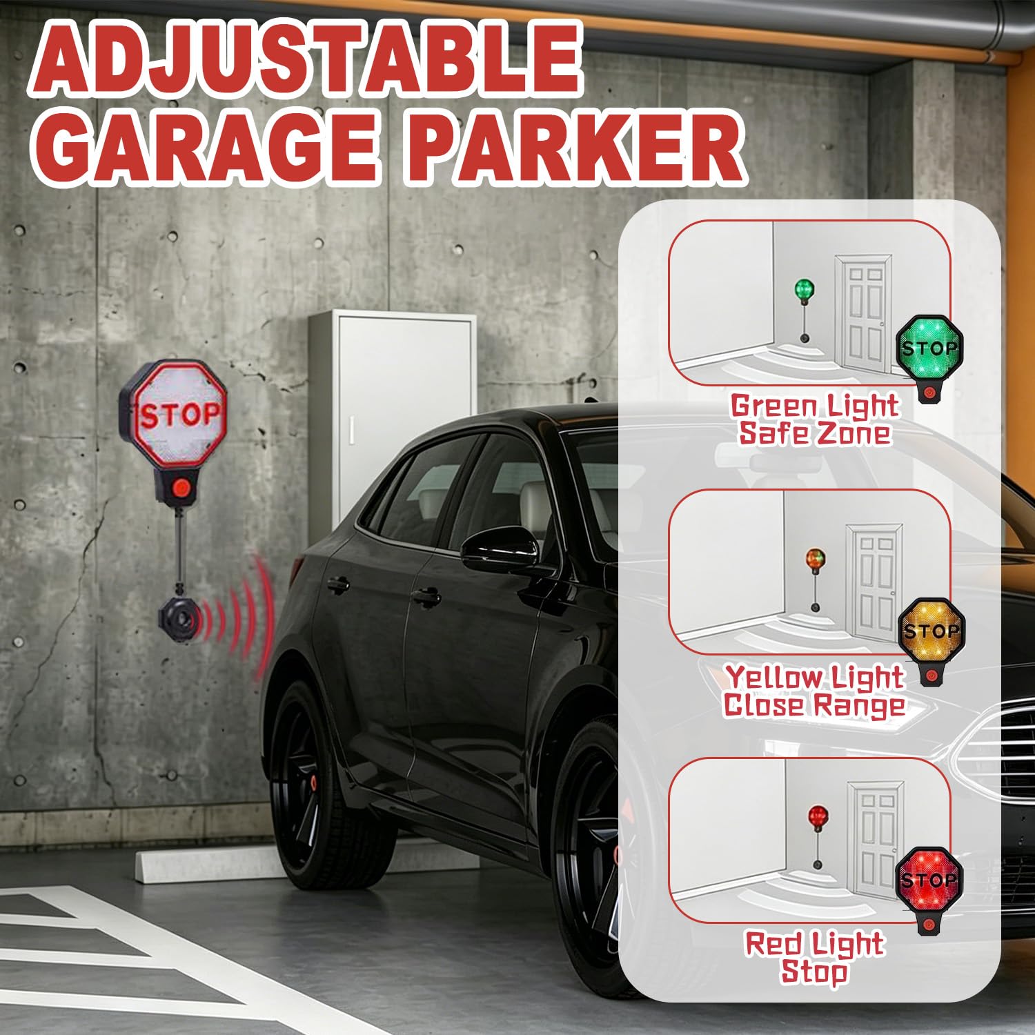 Einstellbarer Parkplatzsensor Ultraschall Parkhilfe Garage Einparkhilfe, Rot-gelb-grüner LED-Anzeige/Präzise Abstandsmessung/Akustische Anzeige/Automatische Abstandseinstellung für Auto SUV Pickup