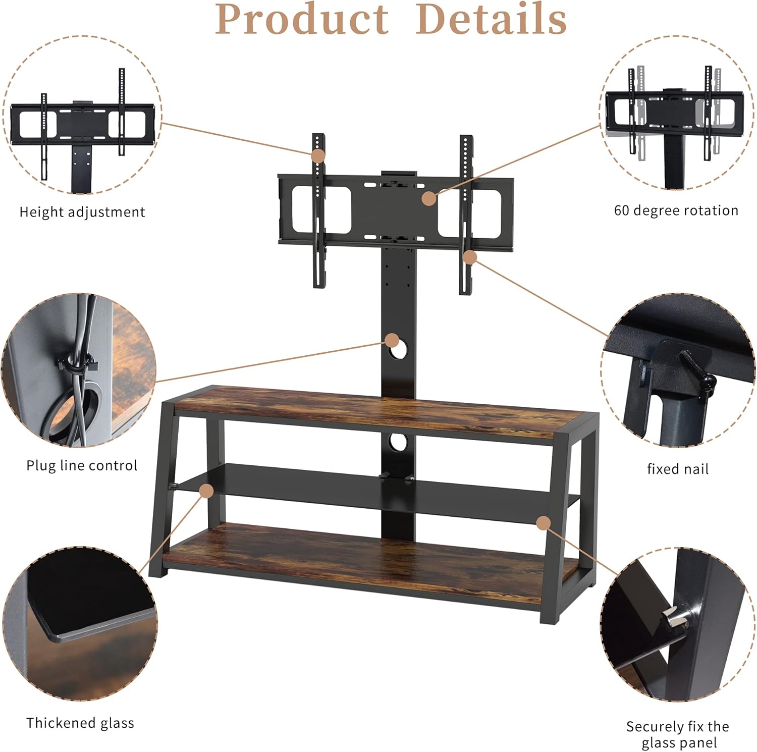 IANIYA Floor TV Stand with Mount and Bracket Plasma LCD LED Flat or Curved Screen TVs | Black Multi-Function Angle and Height Adjustable Tempered Glass Metal Frame Floor TV Stand (Wood +Metal+Glass)