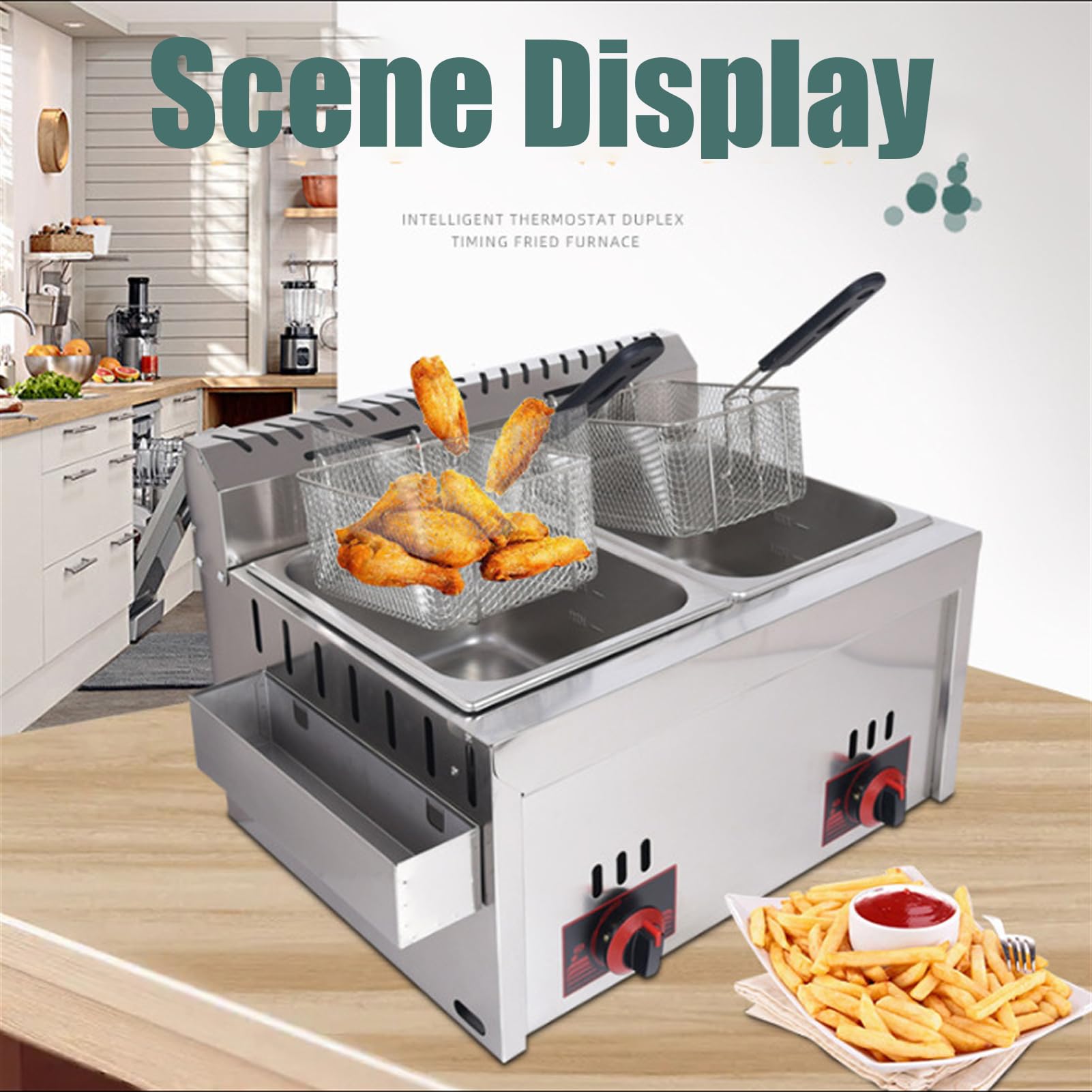 Freidora de gas de gran capacidad, Frezadora de acero inoxidable Freidora de fuego comercial Firado ajustable Firil Firing Ideal para papas fritas, rosquillas, pescado incluye cestas y párpados