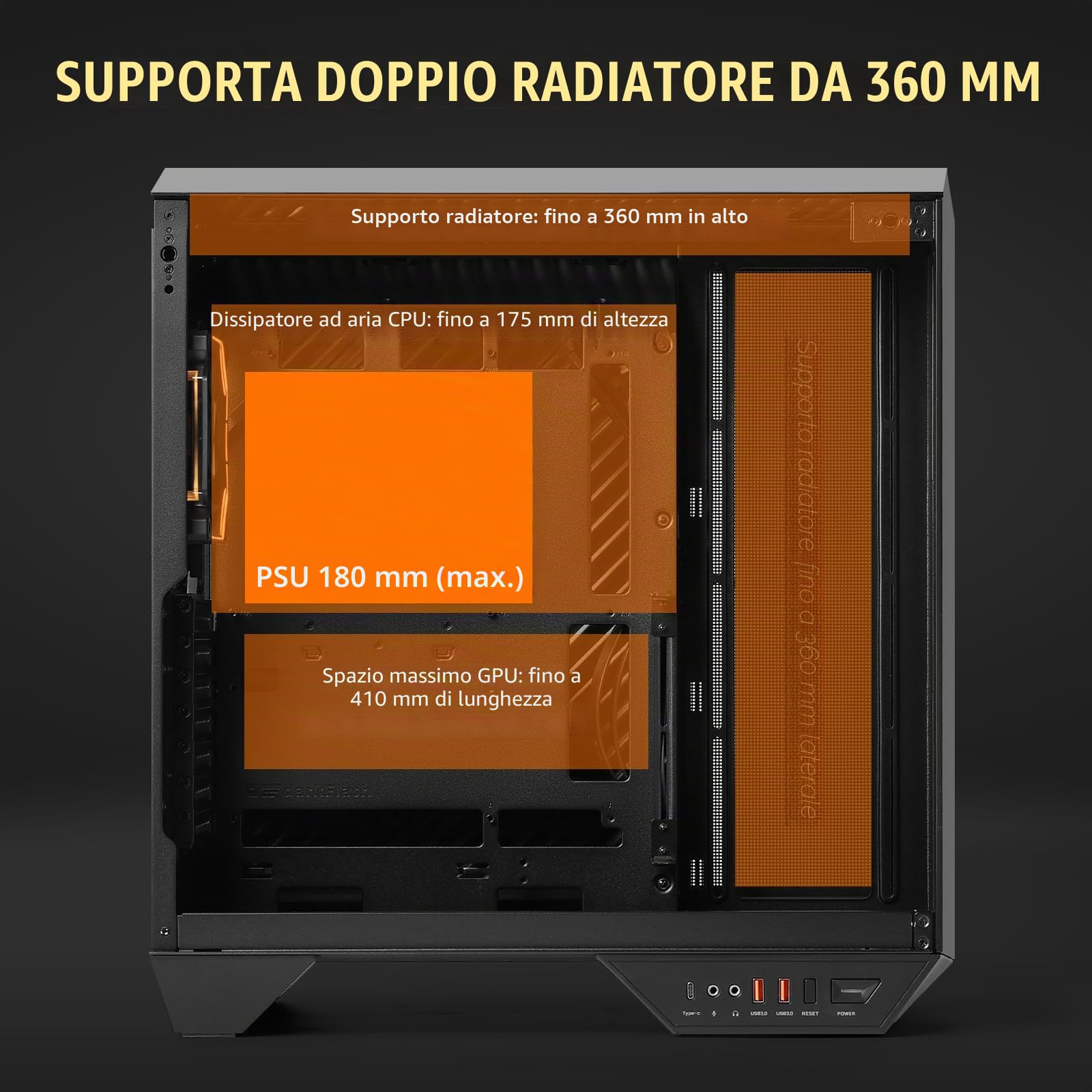 darkFlash Case PC ATX Full-tower Gaming, Scheda Madre con Connettore Posteriore, Doppia Camera, Vetro Panoramico, Fino a 2x360mm Rradiatori, Compatibile con RTX 40 (DY470) (1 Ventole PWM ARGB, Nero)