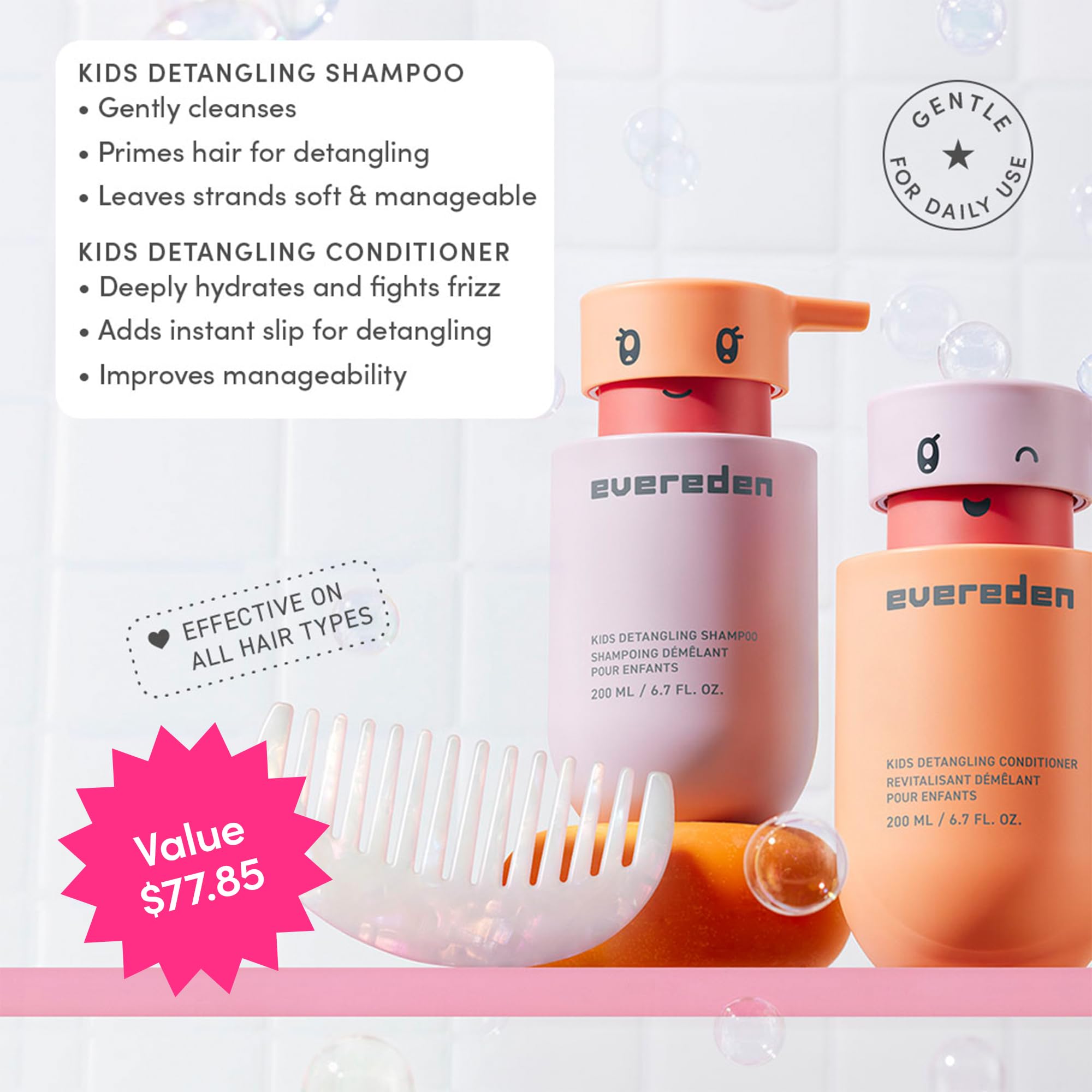 Evereden Happy Hair Duo pour enfants : shampooing et après-shampoing végétaliens pour enfants avec brosse cadeau bonus – Le démêlant pour enfants – Renforce et lisse pour tous les types de cheveux