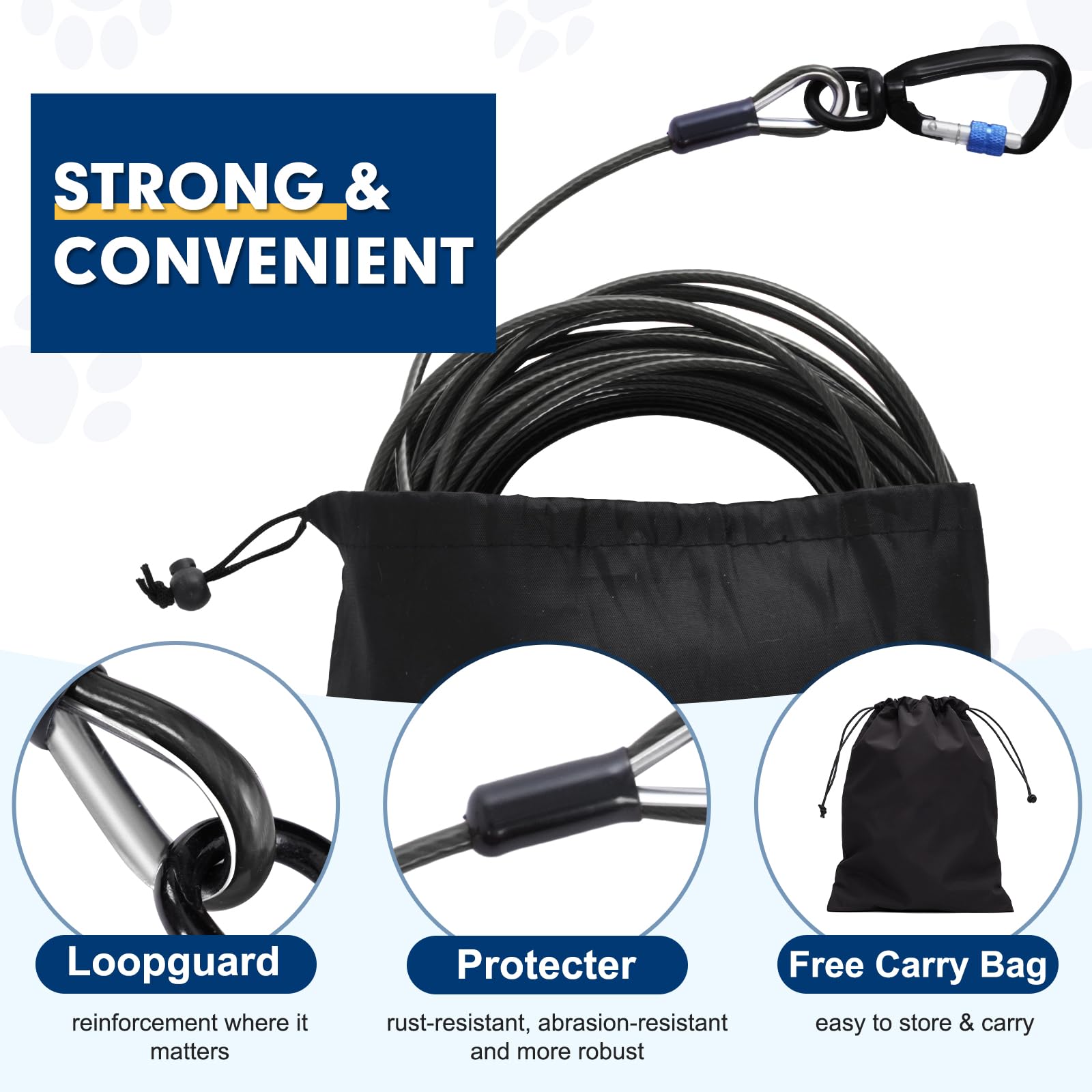 Snagle Paw Correas de perro para patio de 50 pies a 1000 libras de resistencia a la rotura, amarre resistente, cable de correr para perros medianos y grandes con gancho giratorio con bloqueo y resorte