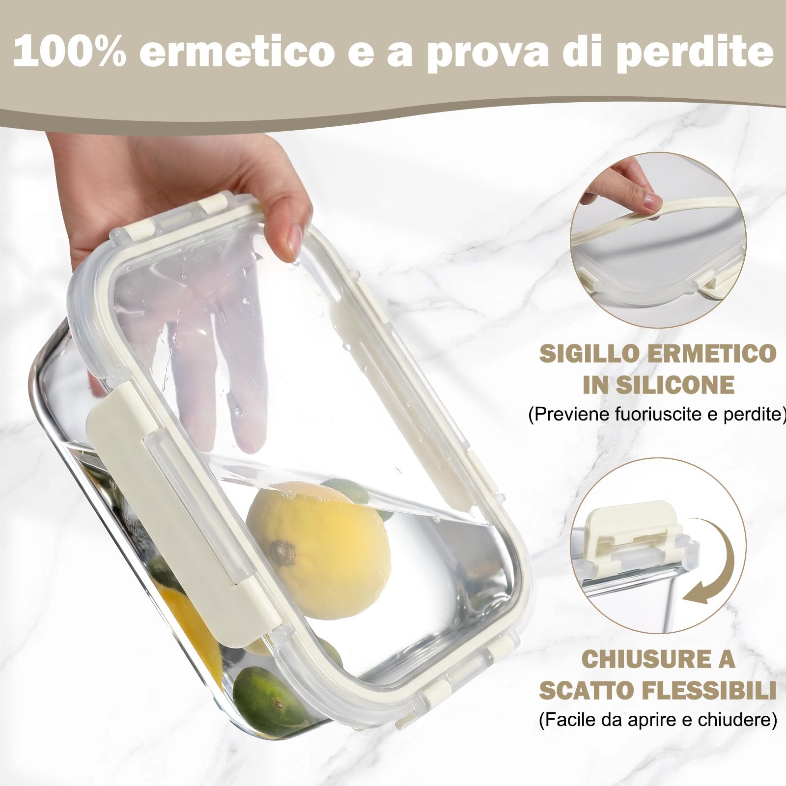 YASHE Set 10 Contenitori Vetro per Alimenti con Coperchi Ermetici, Senza BPA, Adatti a Microonde, Forno, Frigo e Congelatore, per Meal Prep, Bianco