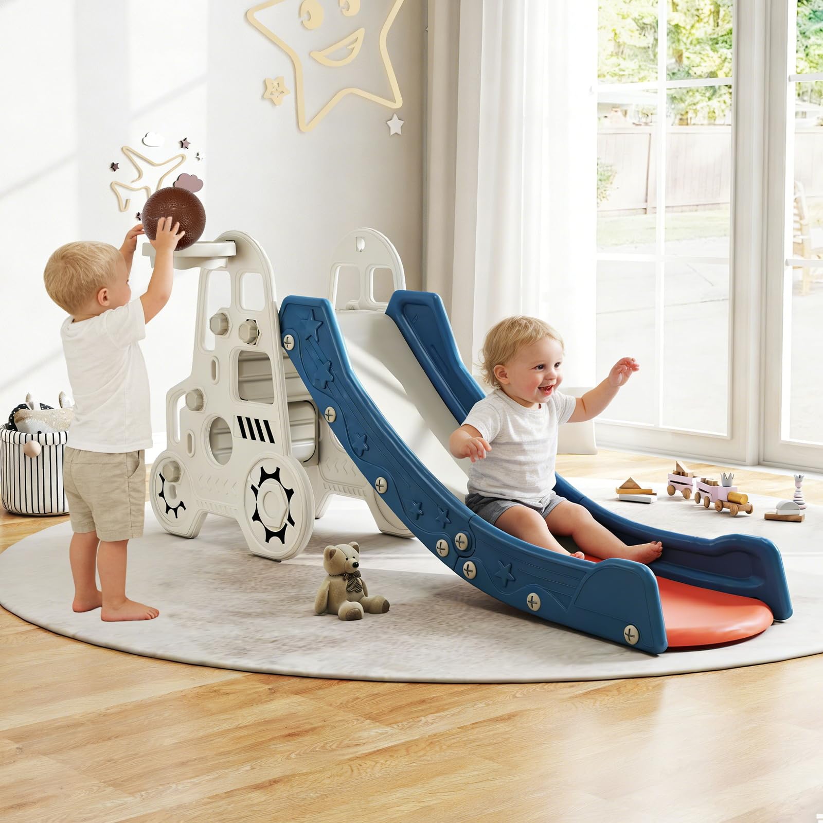Kintness 3 in 1 Kleinkind Rutsche, Auto Design Kinder Rutsche Kletterer Spielset mit Basketballkorb Indoor & Outdoor Kleinkind Spielplatz mit Anti-Rutsch Stufen für Baby, Blau und Weiß