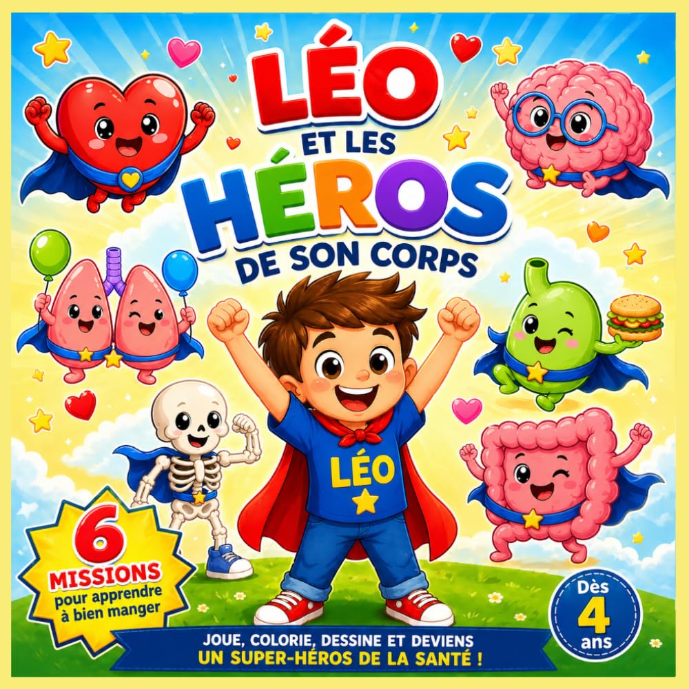 LÉO ET LES HÉROS DE SON CORPS: Livre interactif pour enfants dès 4 ans – Coloriage, badges à découper et aventure éducative sur la nutrition