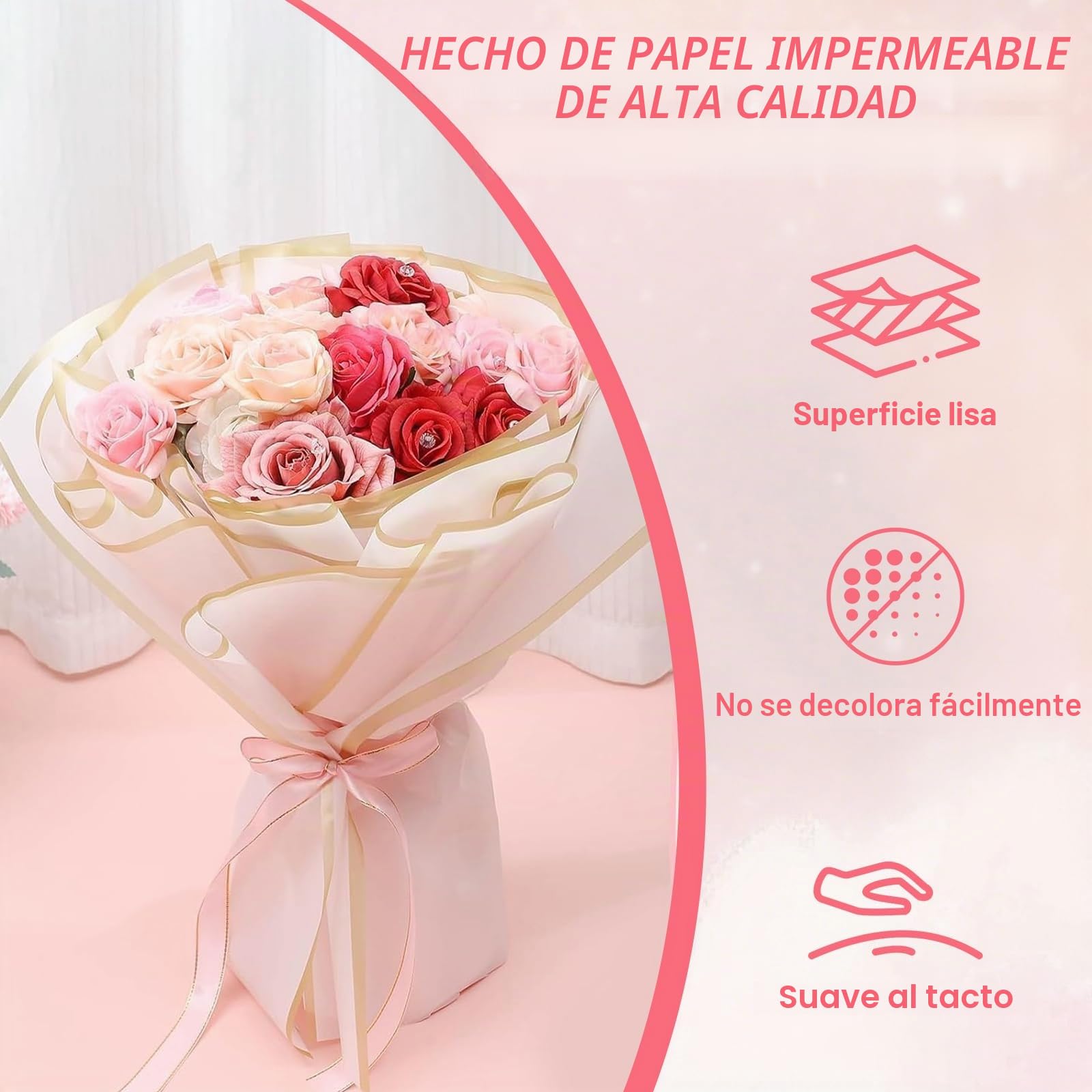 weiclianhp 20 Hojas Papel de Envolver Flores Impermeable con Borde Dorado, 10 Blanco + 10 Rosa, 58x58 cm, para Ramos de Flores, Regalos de Cumpleaños y Eventos