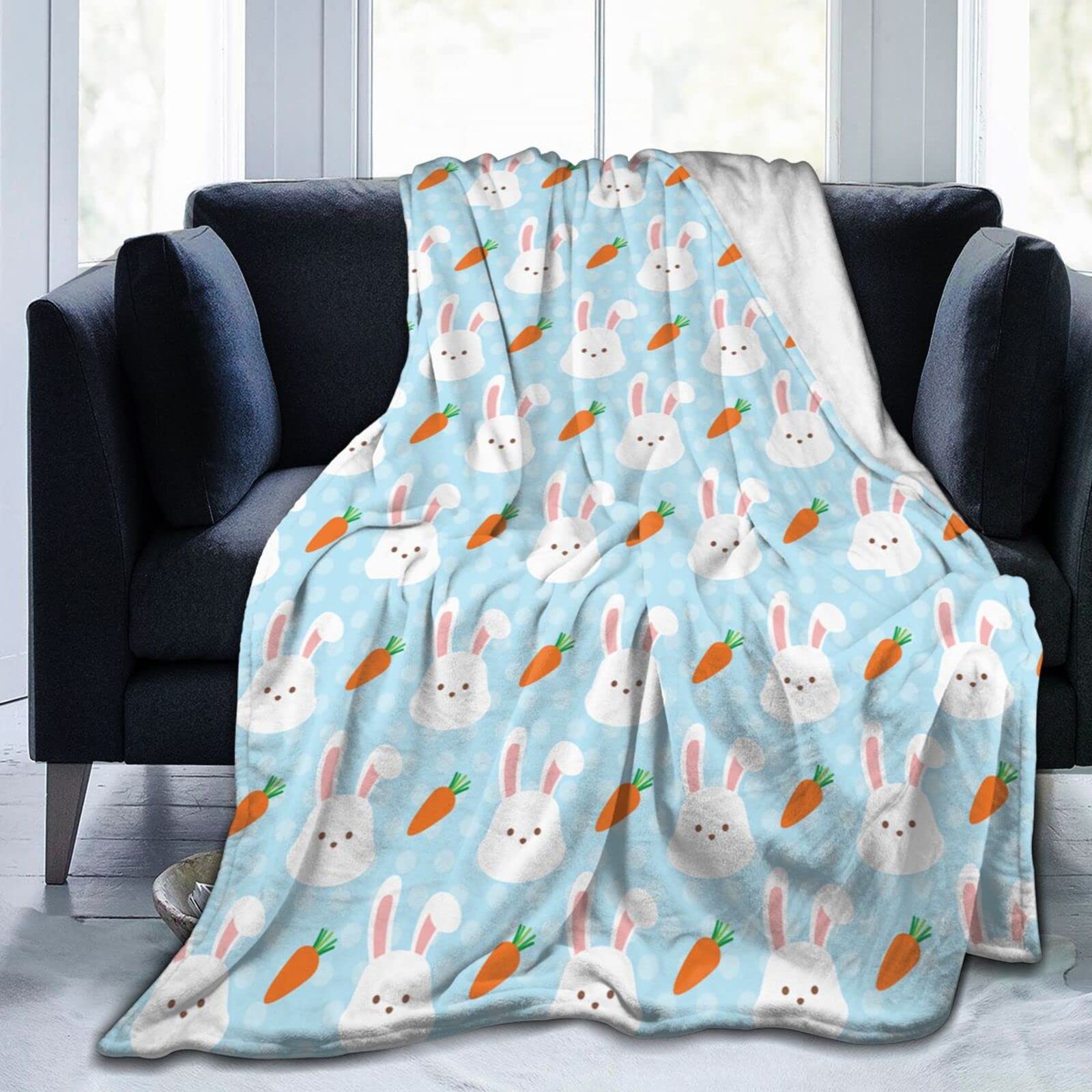 Lsjuee Rabbits with Carrots Throw Blanket Warm Cozy Lightweight Blankets Soft Easter Bunny Flannel Blanket for Sofa Couch Bed Office Holiday Decorative 50"X40"