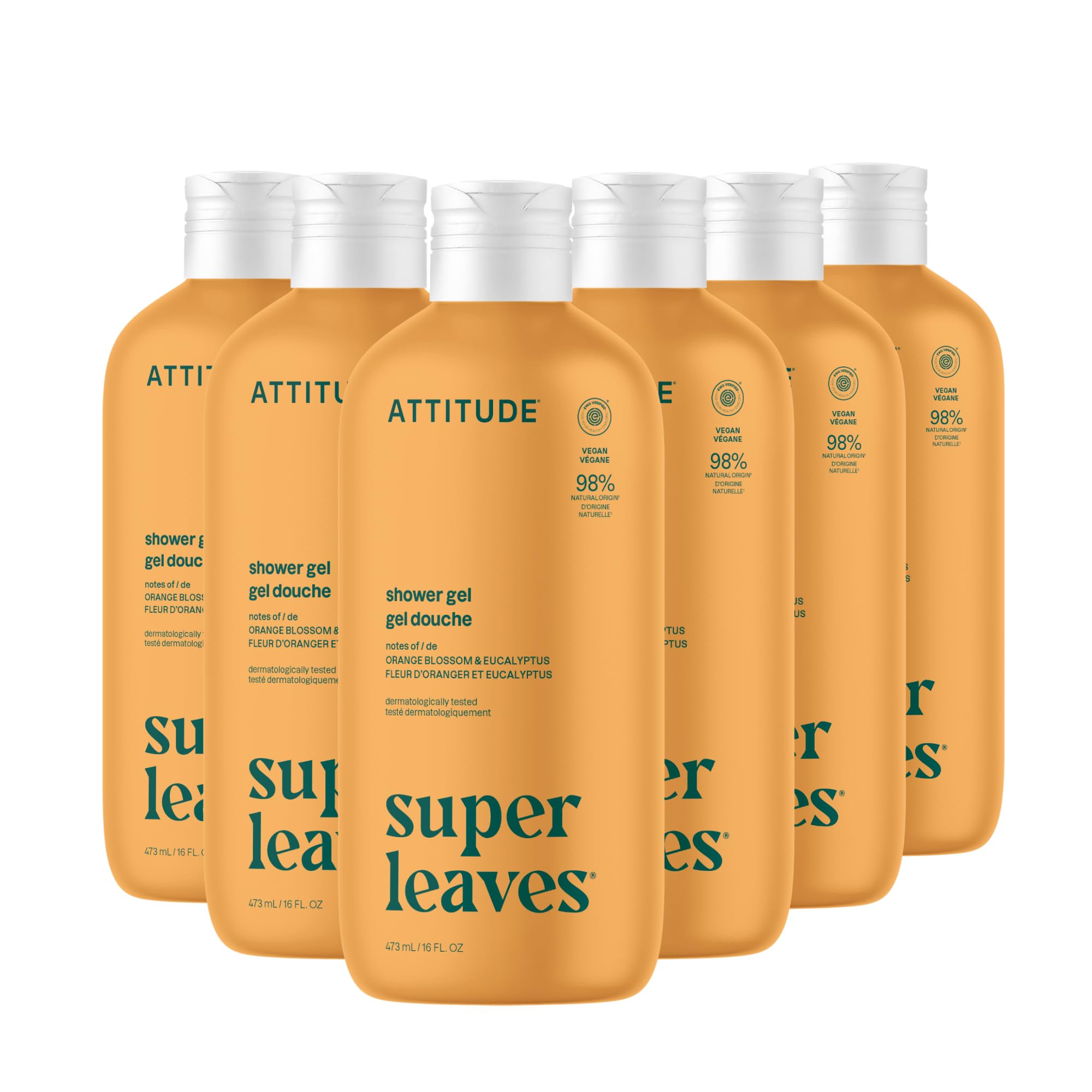 ATTITUDE Body Wash, EWG Verified Shower Gel, Dermatologically Tested, Plant and Mineral-Based, Vegan Personal Care Products, Orange Blossom & Eucalyptus Scent, 16 Fl Oz (Pack of 6)