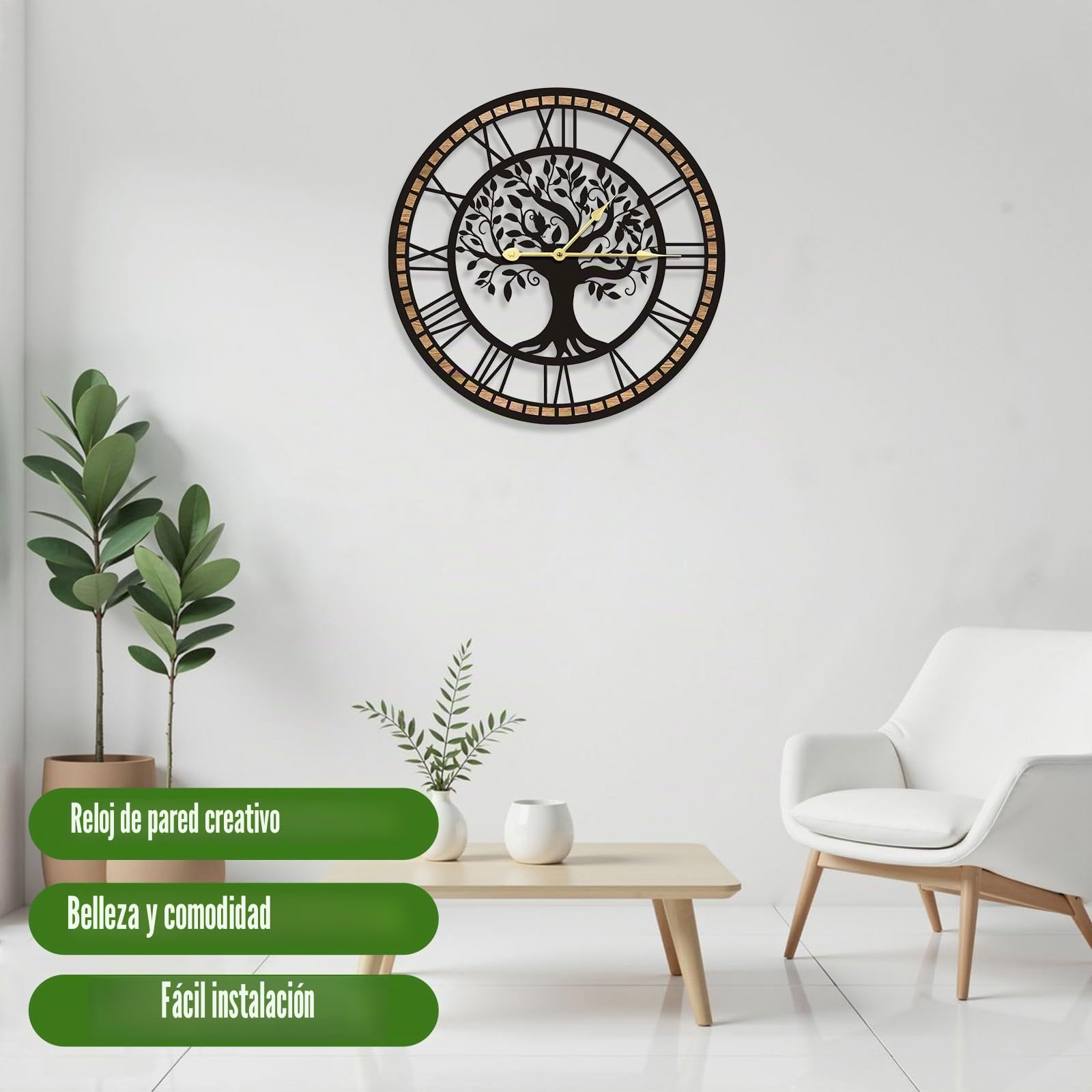 Reloj de Pared para Sala de Estar, Reloj de Pared Árbol de la Vida | Silencioso Sin Tic Tac a Pilas, Estilo Granja Moderna para Decoración de Cocina Baño y Hogar(60cm)