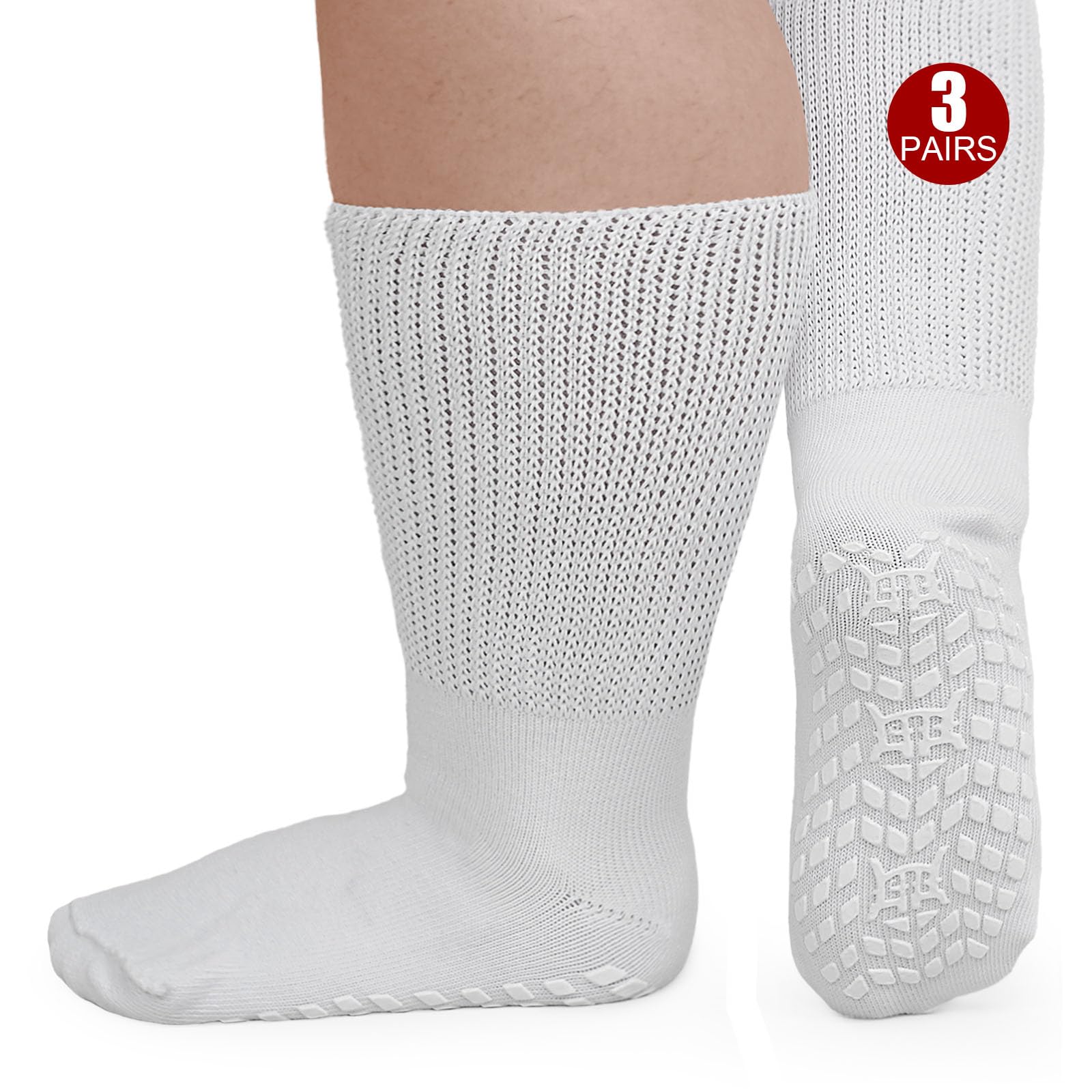 ZFSOCK Diabetiker Socken Herren Damen: ABS Stoppersocken Griffen Diabetikersocken Ohne Gummibund Rutschfeste Noppen Extra Weite Antirutschsocken Baumwolle Ohne Gummi Komfortbund 3 Paar 39-46 Weiß