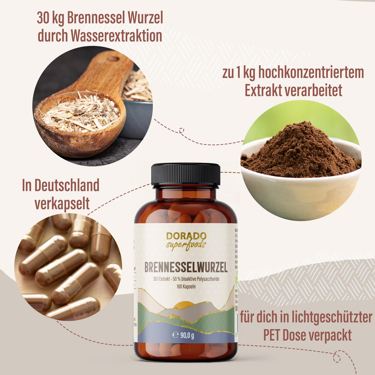 Brennnessel Wurzel Kapseln Hochdosiert – 400 mg 30:1 Extrakt pro Kapsel | 1.200 mg Tagesdosis | Entspricht 36.000 mg Rohwurzel | 50% Polysaccharide | 180 Vegane Kapseln | Dorado Superfoods®