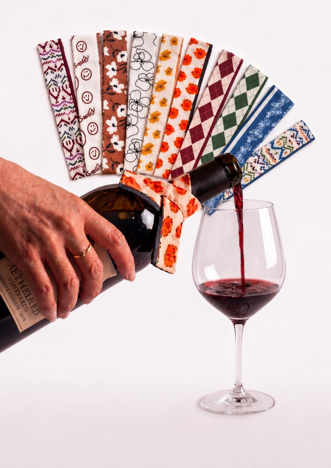 Fixel Decorative Wine Bottle Collars, Set of 10 - Silk Drip Rings & Neck Wraps for Wine & Champagne Bottles, Reusable in Assorted Patterns - Hostess, Housewarming & Wine Lover Gift