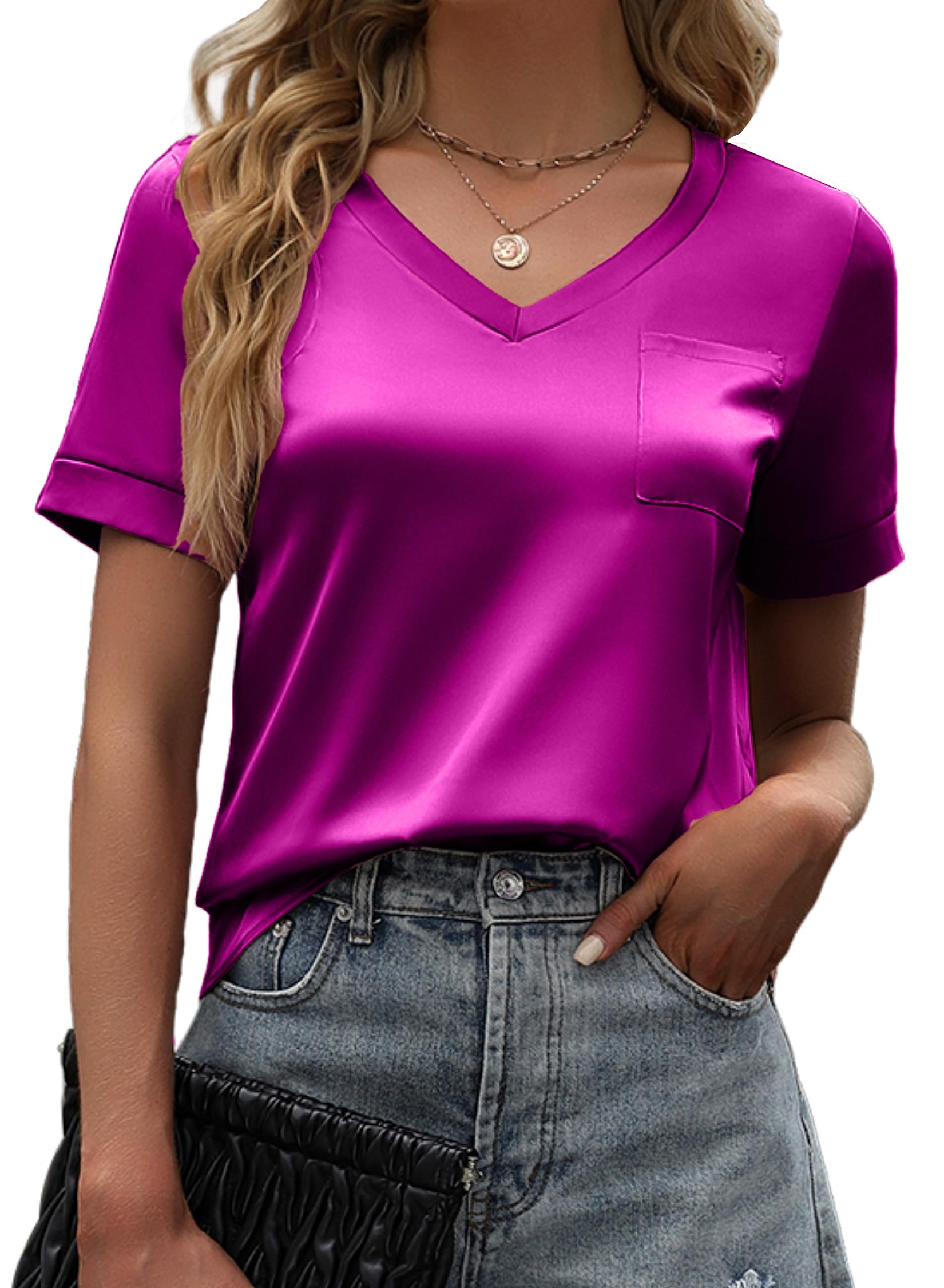 Maysoar Womens Satin Blouses for Women Short Sleeve Shirts V Neck Blouses Summer Casual Tops with Front Pocket