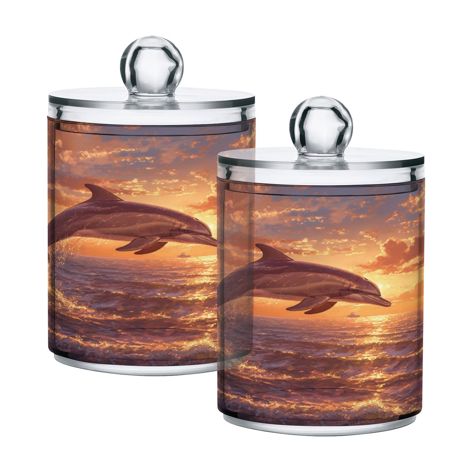 Ewusp Dolphin Jumping Qtip Holder 2 PCS Clear Plastic Apothecary Jars with Lid Cotton Pad Holder Dispenser Cotton Bud Holder Bathroom Storage Container Makeup Organiser