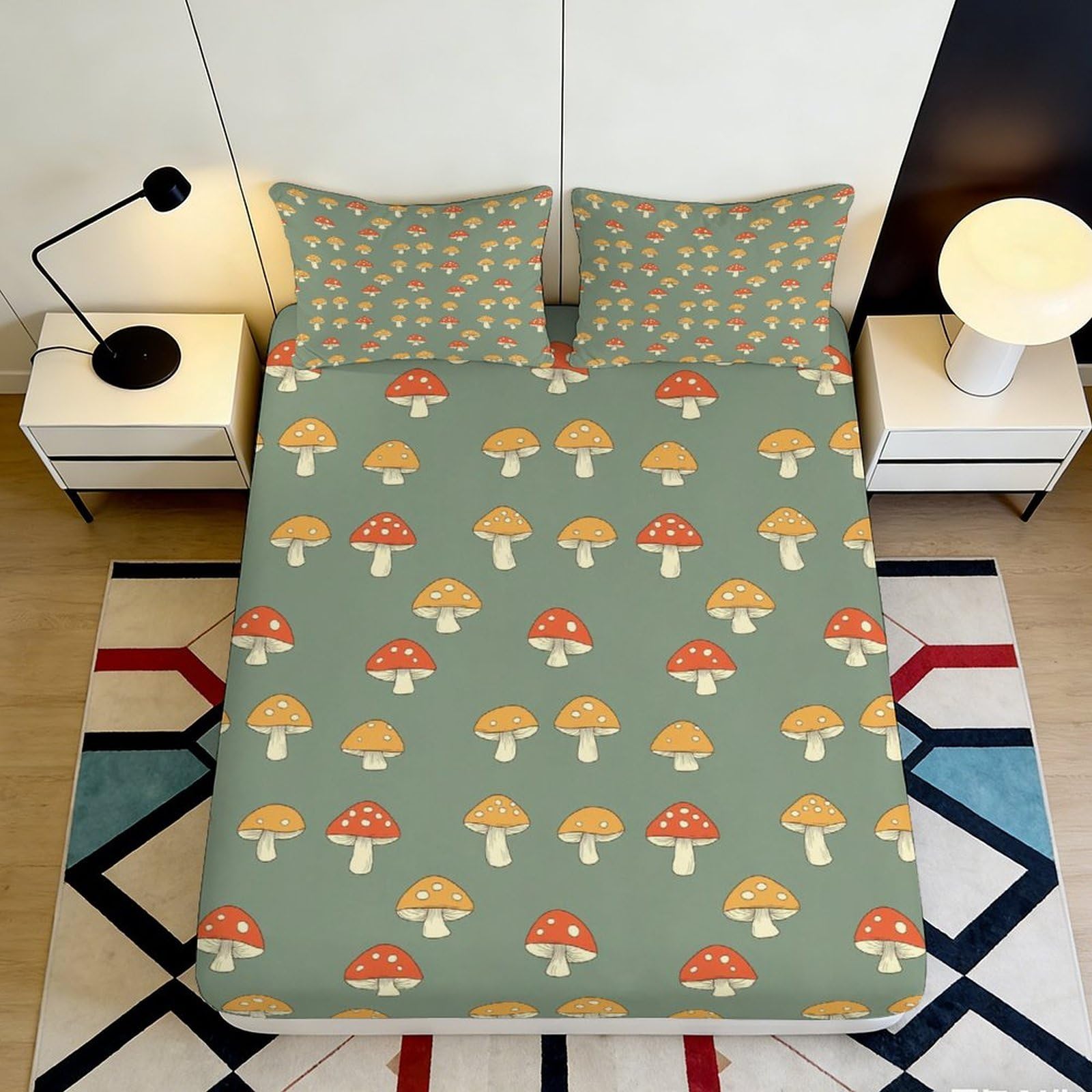 3D Printed Mushroom Pattern Fitted Sheet Microfiber Soft Breathable Toadstool Bed Cover for Bedroom Dormitory Guest Room Mattress Protection Decor 160x200x25cm