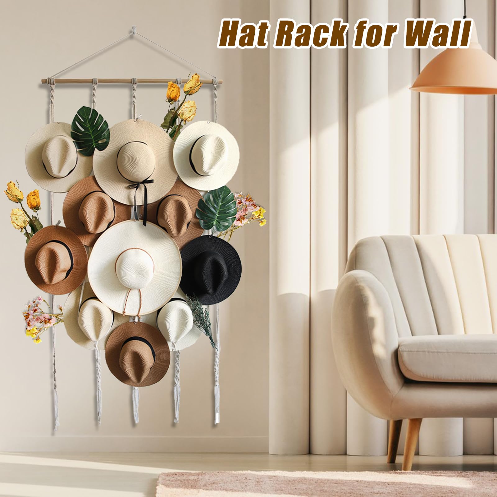 JOJOCY Porta cappelli da parete, organizer per cappelli con 12 clip, porta cappelli stile boho, decorazione per cappelli Fedora, da cowboy, a tesa larga, 155 x 80 cm