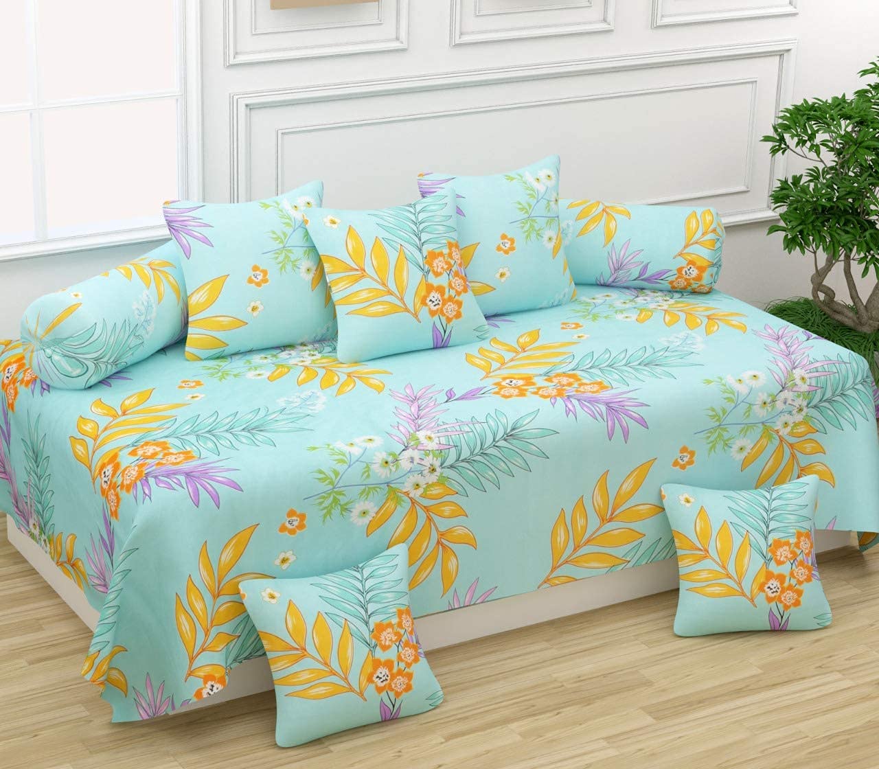 MORADO® 160 TC Glace Cotton 8 Pcs Diwan Set Including 1 Bedsheet, 5 Cushion Covers & 2 Bolster Covers, Green-image-35
