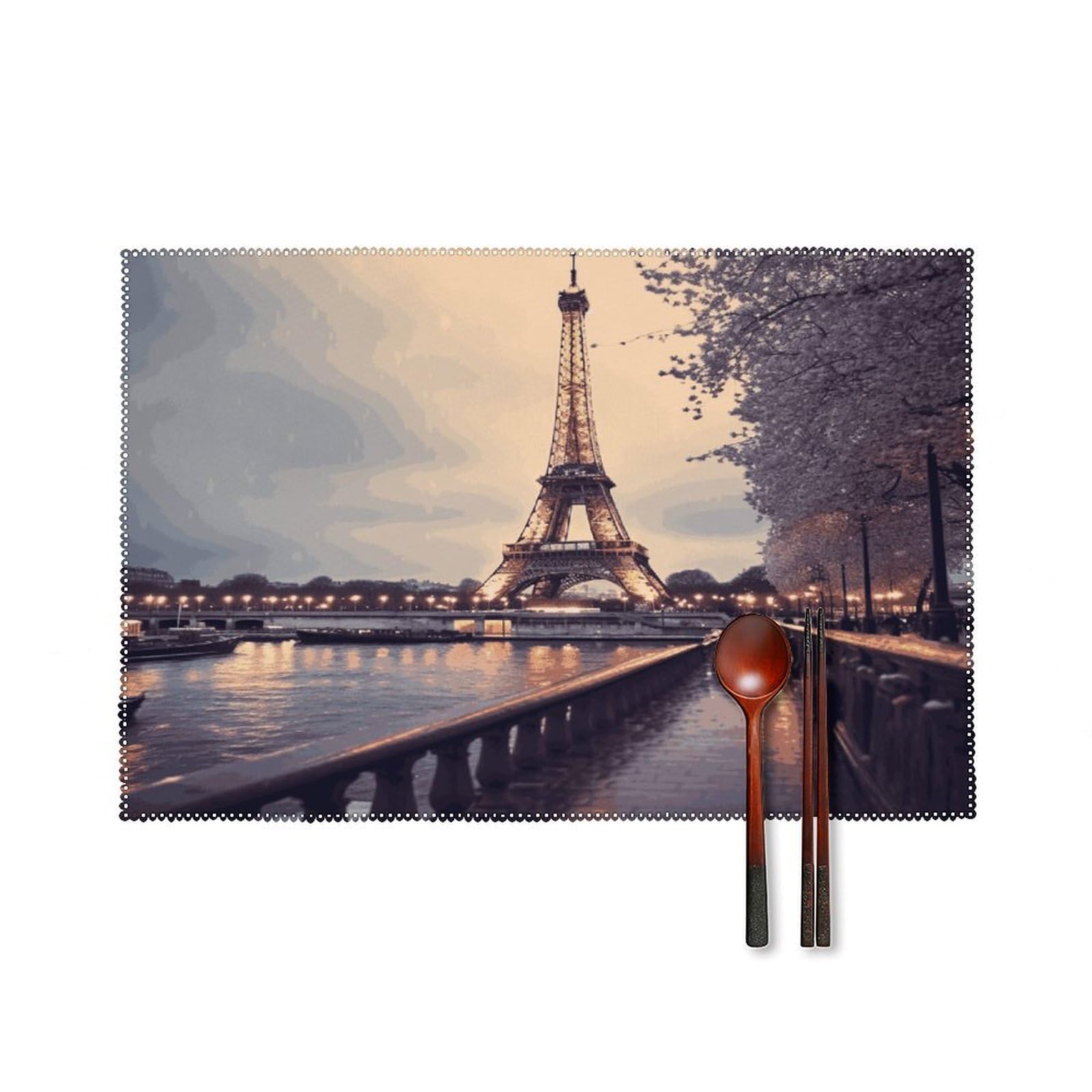 Eiffel Tower Winter Rainy Placemats Washable Canvas Place Mats Decoration Placemat for Dining Table Easy to Clean Tables Mat Set of 6 for Kitchen Dining Room Coffee Table