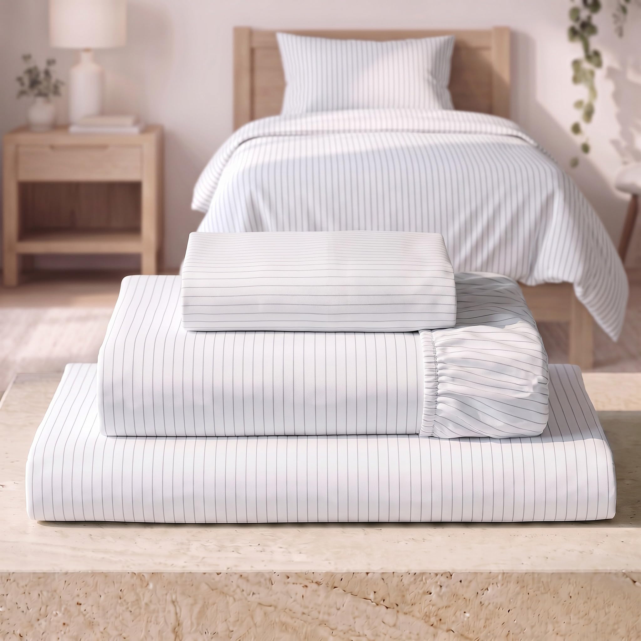 Mellanni Iconic 3-Piece, Ultra Soft Sheet Set (Twin, Pinstripe Gray)