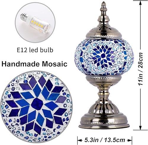 Miniatura 3 de NW - Lámpara turca hecha a mano con mosaico, marroquí, bohemio, para escritorio, mesita de noche, luz nocturna para sala de estar, dormitorio (azul)