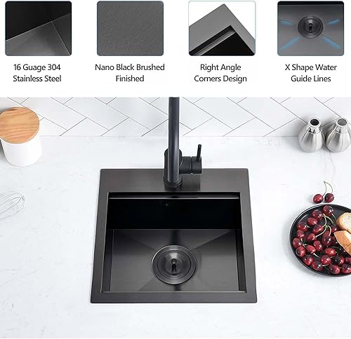 Miniatura 12 de Scamall SM021-1SBG - Fregadero de cocina de acero inoxidable negro de calibre 15, 15 x 15 x 9 pulgadas, fregadero de cocina pequeño con estación