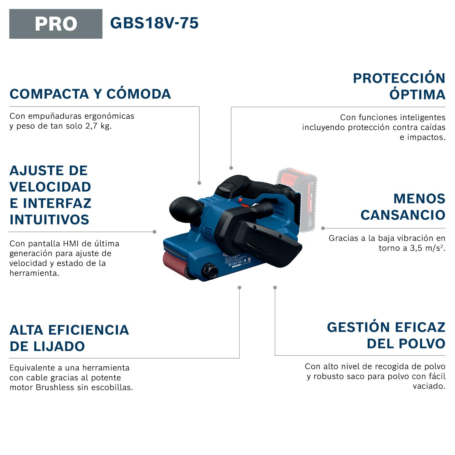 Bosch PRO 18V System Lijadora de banda a batería GBS18V-75 (incl. banda de lija de grano 80, bolsa para polvo)