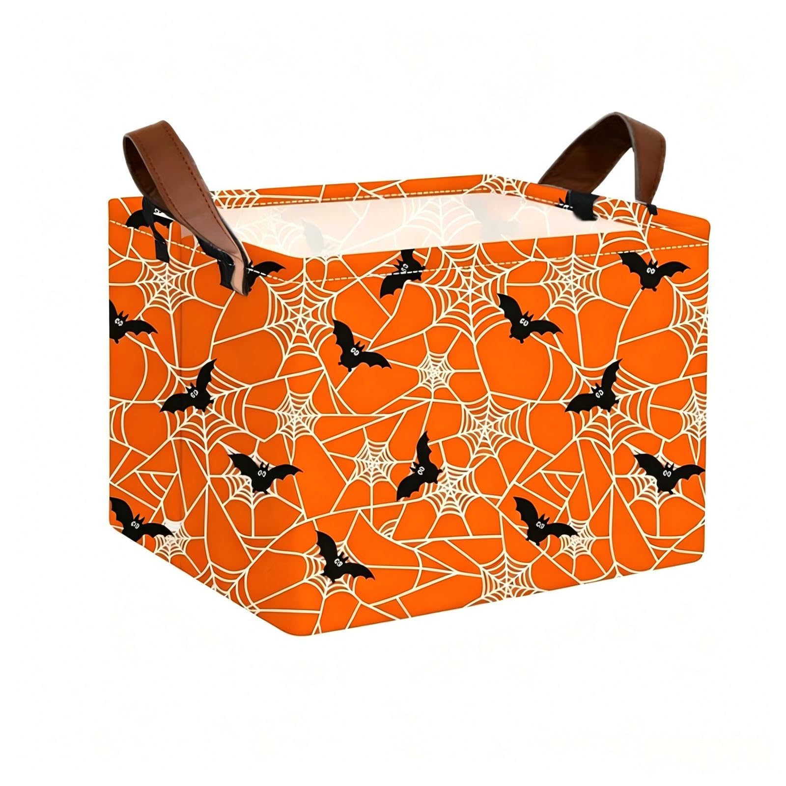 Halloween Bat Spider Web Storage Basket, Large Rectangular Fabric Organiser Bin with Leather Handles, Foldable Toy Clothes Storage Box for Home Bedroom Halloween Party Decor (Spider)