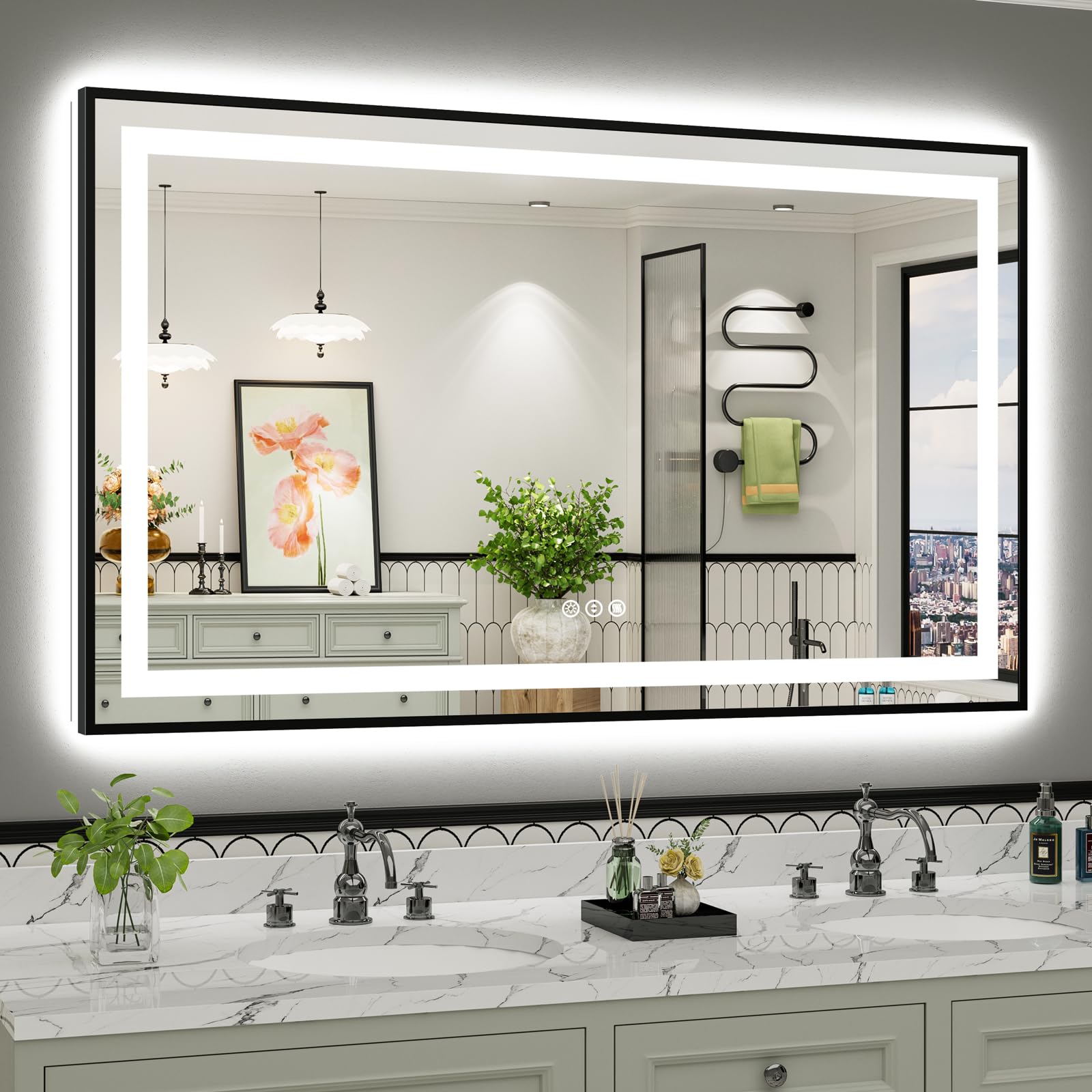 60x36 Inch LED Bathroom Mirror with Black Frame, Backlit &amp; Front Lit