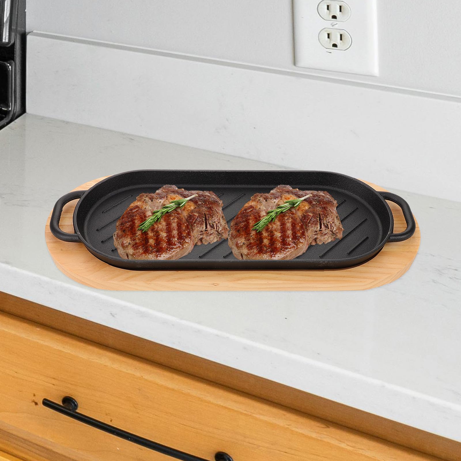 Plancha de Hierro Fundido para Filetes con Doble Asa, Fácil de Transportar Rebabas, Adecuado para Asar en Familia Días Festivos