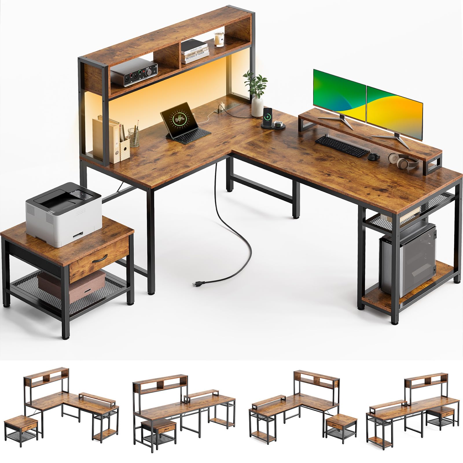 marsail l shaped computer desk with power outlet amp led strip reversible corner desk with storage shelf amp monitor stand l shaped desk gaming desk with separate printer stand for home office