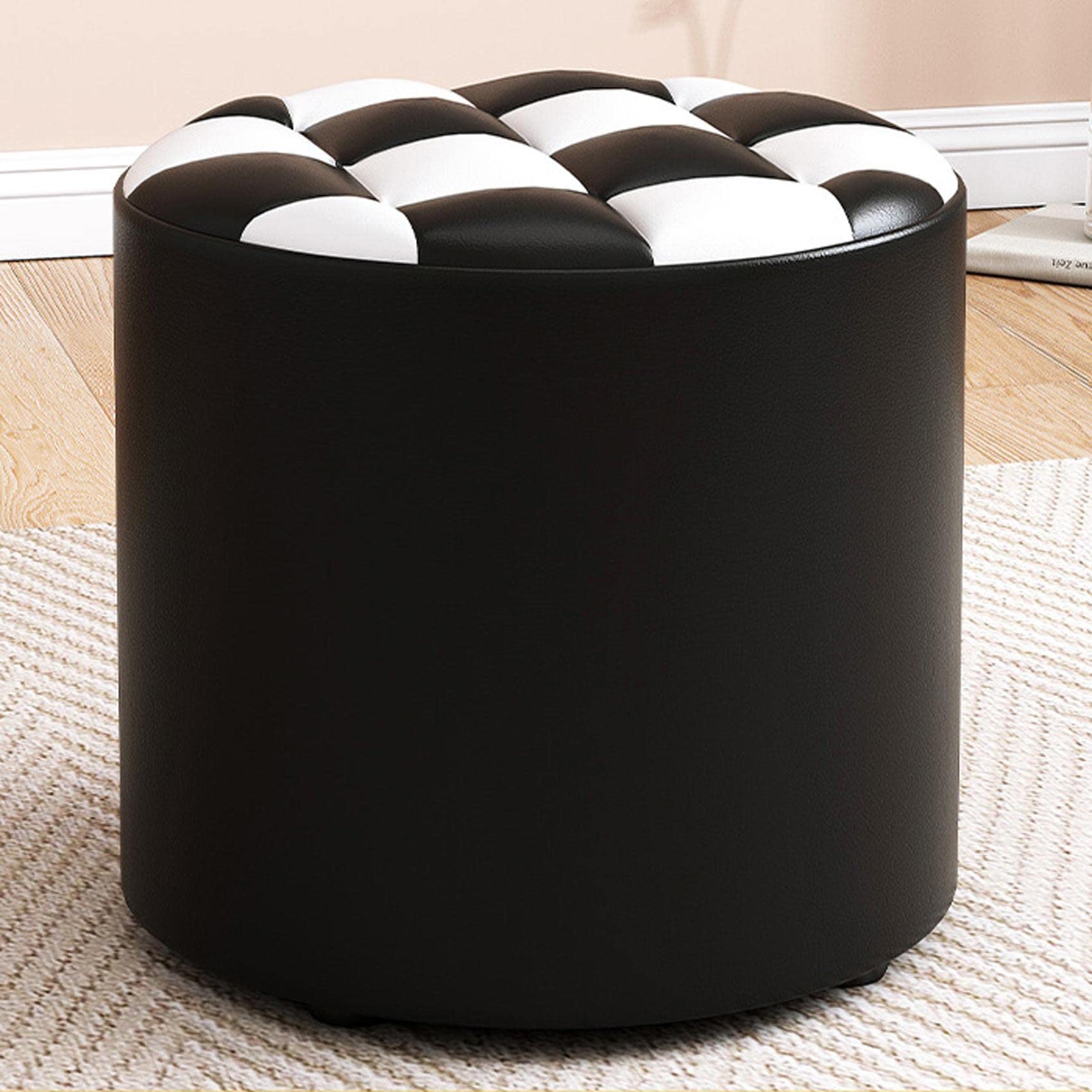 LMMIAOZ Modern Round Leather Footstool for Living Room and Bedroom Black and White 31x28cm