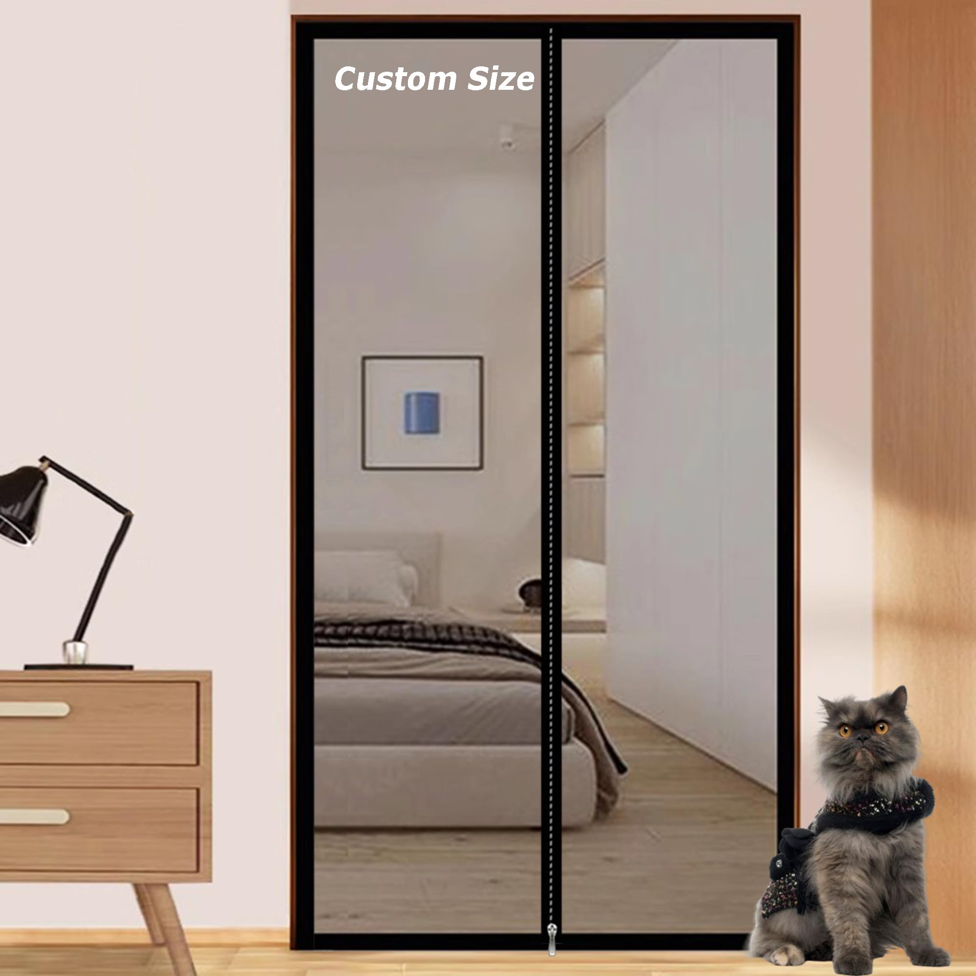 Cat Safety Nets for Balcony Patio Kitchen, Custom Size Cat Screen Door Pets Proof Door Curtain, Self-Adhesive Fly Screen Mosquito Nets with Double-side Zipper (W*H:90 * 200cm)