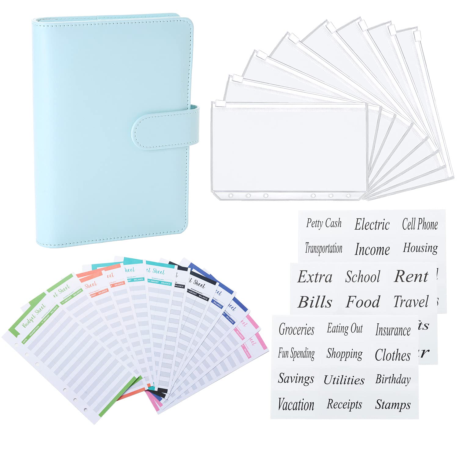 Eage A6 PU Leather Notebook Binder Budget Planner Organizer 6 Ring Binder Cover, 8 Pcs Binder Pockets, 12 Pcs Expense Budget Sheets and 36 Categories Letter Sticker for Bill Planner(Mint Blue)