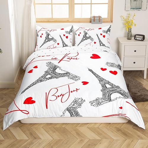 Miniatura 3 de Erosebridal Juego de ropa de cama de la Torre Eiffel, funda de edredón de París para niños, adolescentes y adultos, con temática de corazón,