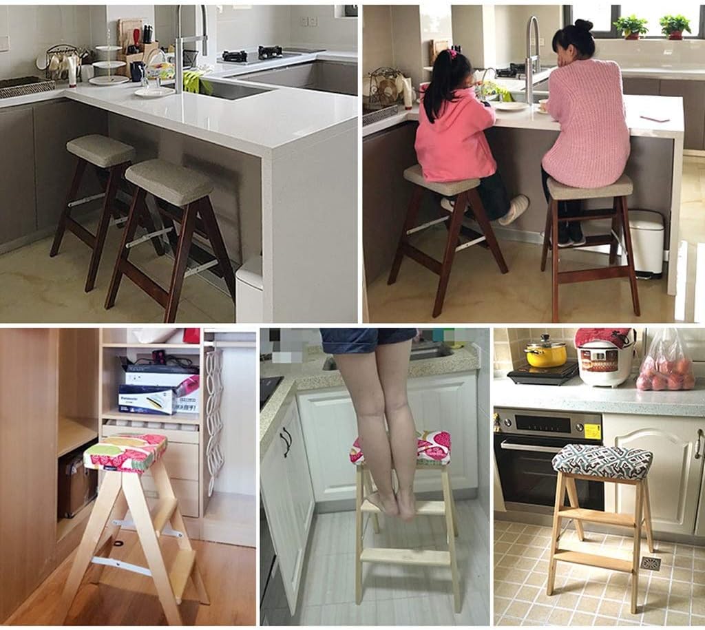 Stool Folding Solid Wood Creative Simple Folding Ladder Kitchen Portable Folding Chair Home Bench Beautiful and Stable Baby Straps,Red and Green Pattern
