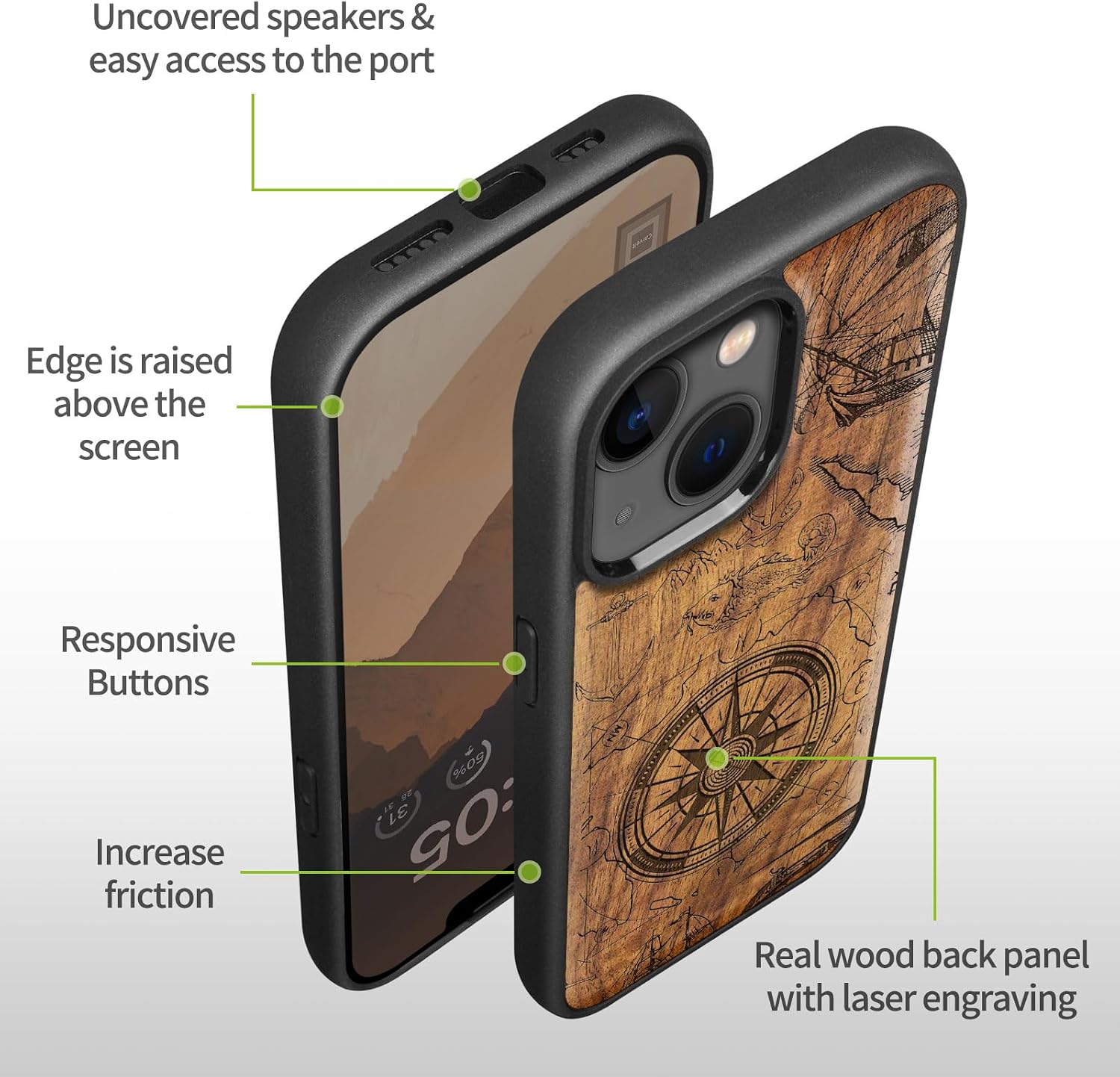 Carveit Magnetic Wood Case for iPhone 14 Case [Natural Wood & Black Soft TPU] Unique & Classy Wooden Shockproof Protective Cover Compatible with magsafe (Vintage Pirate Compass -Walnut)